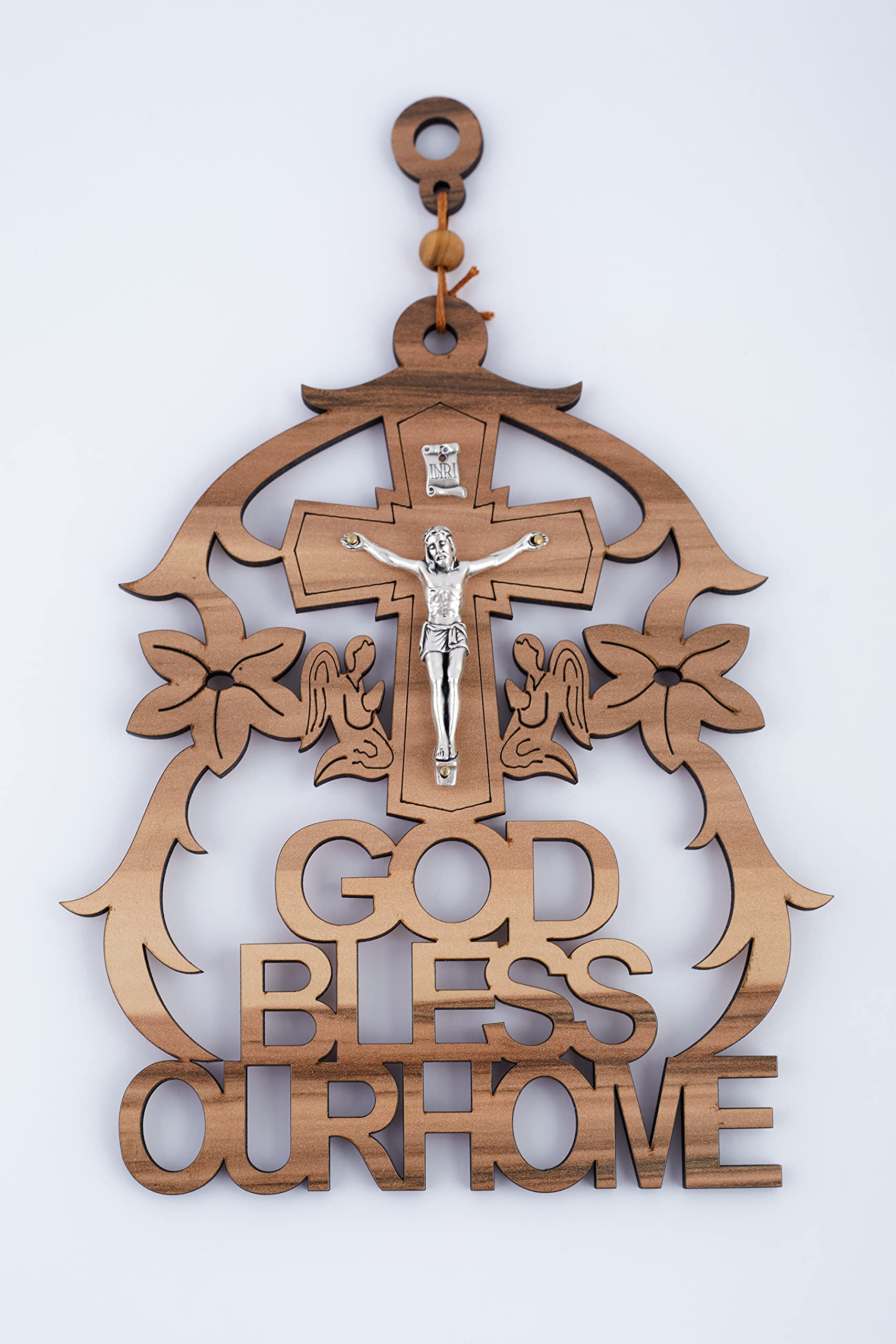 Wooden 'God Bless Our Home' Plaque with Crucifix Cross (7.2 Inch) - Handcrafted Religious Home Decor from Israel - Perfect for Wall Display in Living Room, Bedroom or Entryway