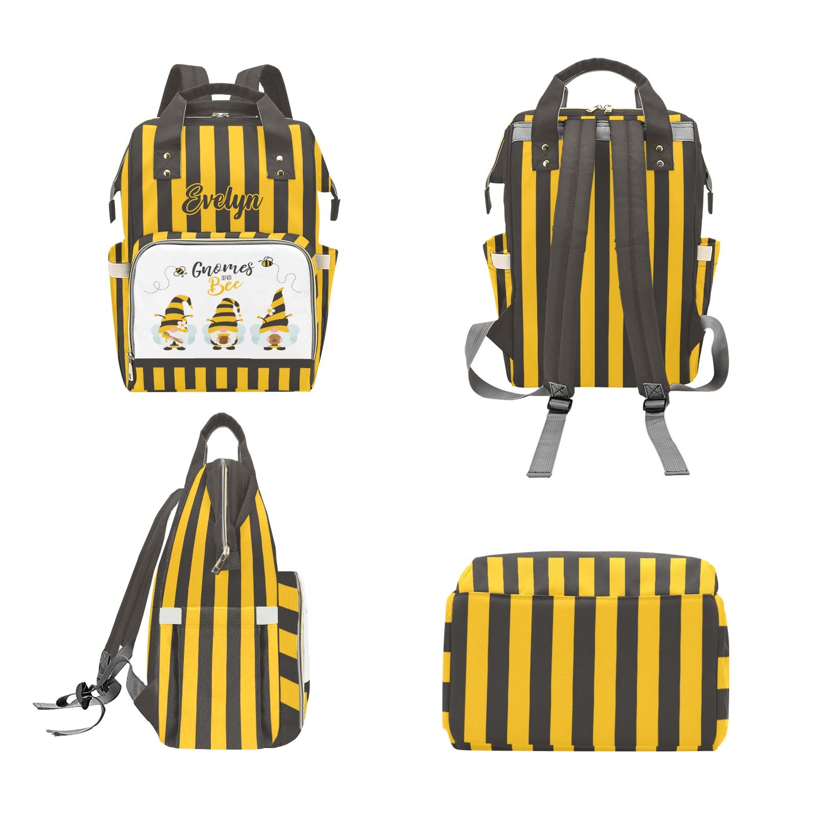 Custom Diaper Bag Backpack Tote with Gnomes & Bee Print - Personalized Baby Shower Gift for Moms - Perfect for Travel, Daycare & On-the-Go Parenting