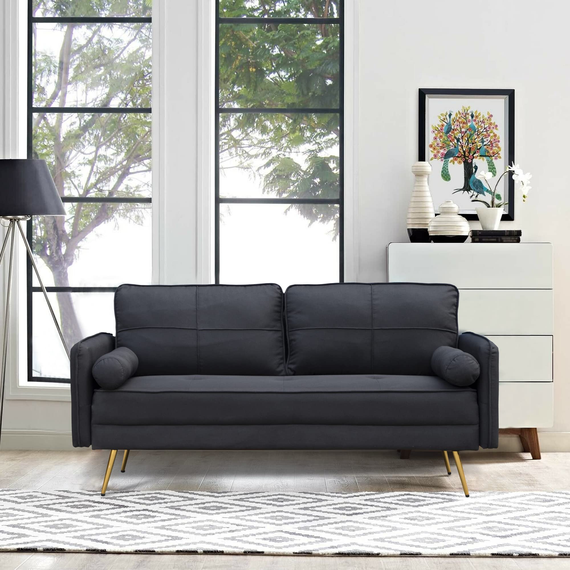 Luxury Velvet Tufted Loveseat Sofa with Bolsters & Metal Legs - Modern Upholstered Couch for Living Room, Bedroom, Apartment | Elegant Home Decor & Small Space Seating Solution