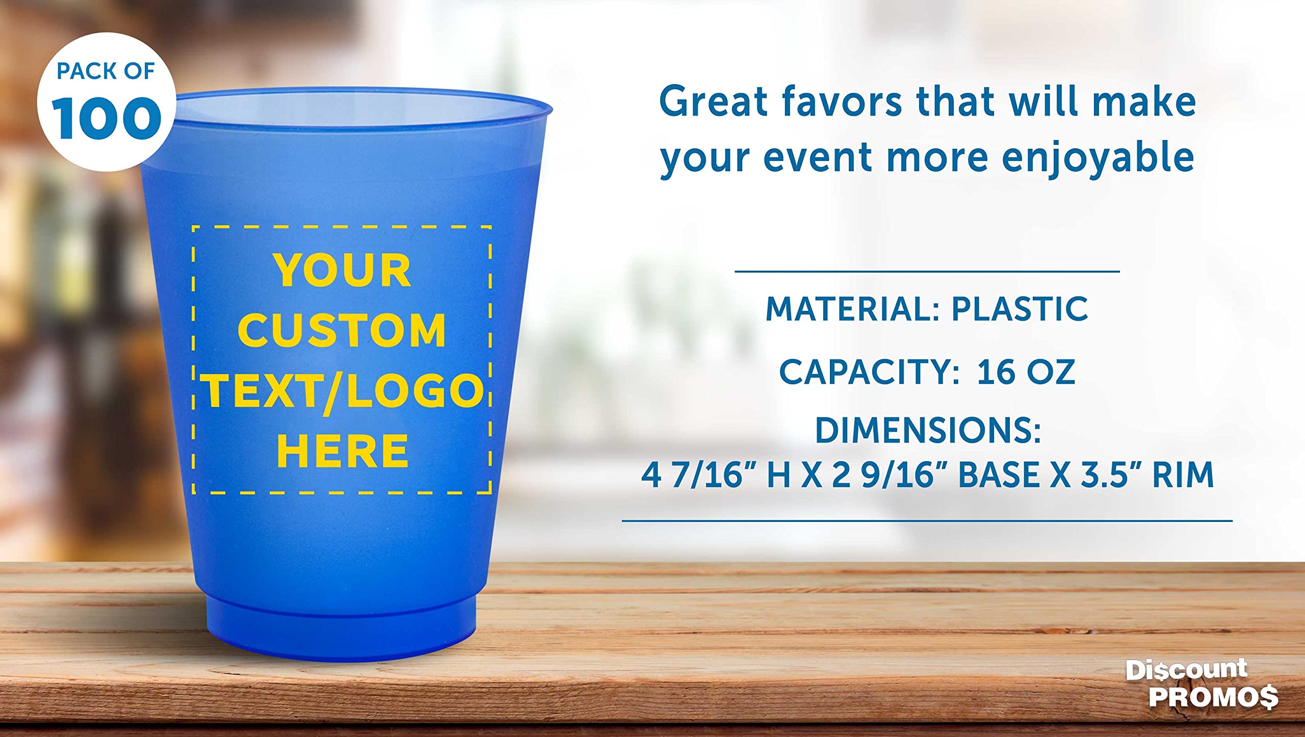 Custom Printed 16 oz Shatterproof Stadium Cups - 100 Pack Bulk Reusable Plastic Party Cups with Promotional Text & Logo - Perfect for Sports Events, Tailgating, and Outdoor Parties (Blue)