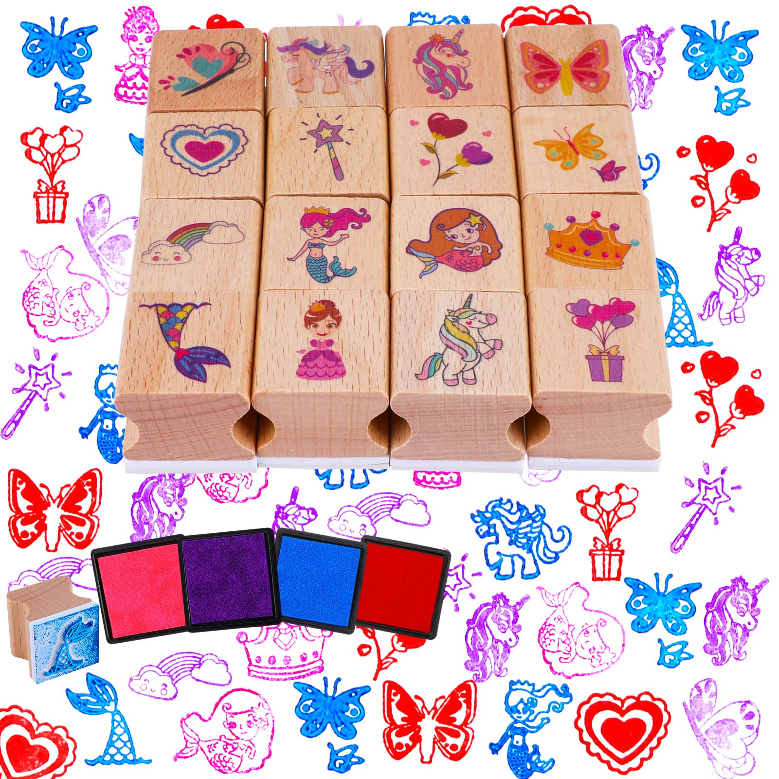16pcs Kids Wooden Stamps with Ink Pad - Unicorn Mermaid Princess Crafts for DIY Cards & Scrapbooking | Perfect Party Favors & Gifts