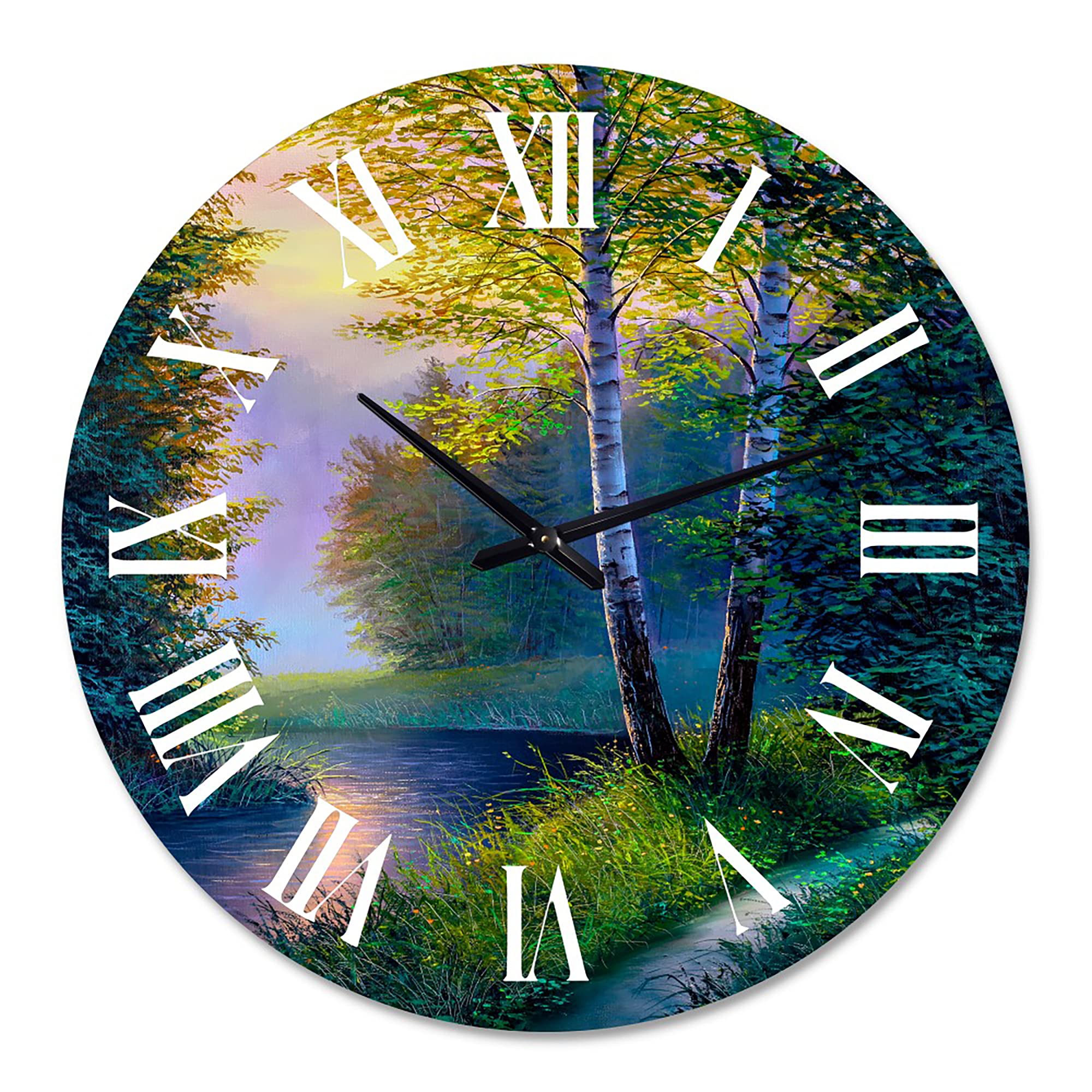 DesignQ Lake House Wall Clock 'Morning Sunlight Through The Birch Forest' - Large Landscape Nature Wall Clock for Home & Office Decor - Perfect for Living Room, Bedroom, Kitchen, and Workspace
