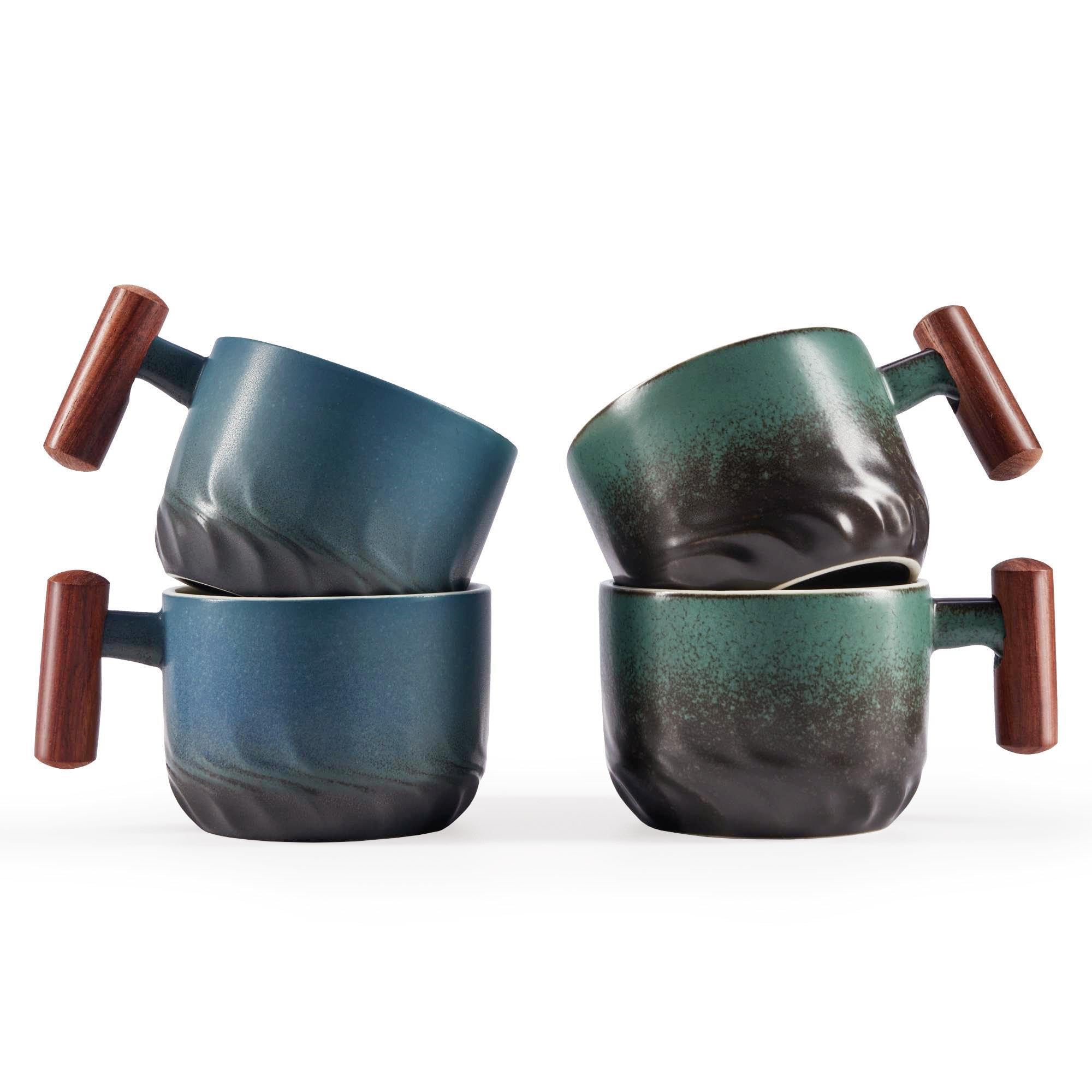 2.5oz Ceramic Espresso Cups with Wooden Handle - Set of 4 Small Coffee Cups for Double Shot Espresso - Perfect for Home, Cafe & Italian Style Coffee Brewing