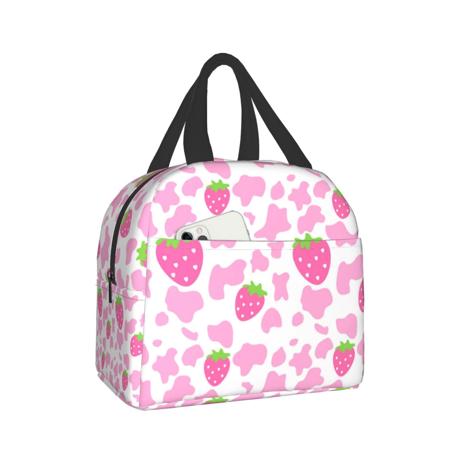 Strawberry Milk Print Insulated Lunch Box - Cute Kawaii Small Reusable Lunch Bag for Women & Men - Perfect for School, Work, Picnics & Outdoor Activities