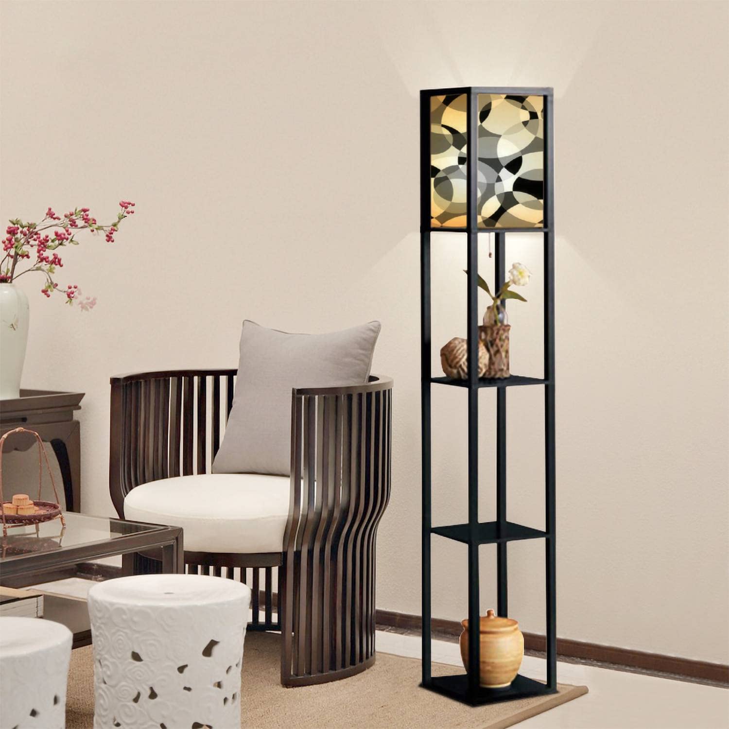 Intersected Monochromatic Circles Mosaic Seamless Standing Lamp with Shelves - Flaxen Fabric Shade Tall Floor Lamp for Living Room & Bedroom - Corner Bedside Lighting for Modern Home Decor | Perfect for Reading Nooks, Lounge Areas & Aesthetic Spaces