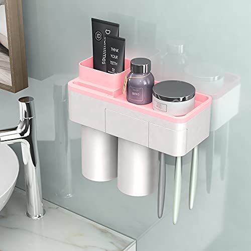 Premium Toothbrush Holder with Mouthwash Cup & Toothpaste Squeezer - 2 Cup Design (Powder) for Bathroom Organization & Countertop Storage
