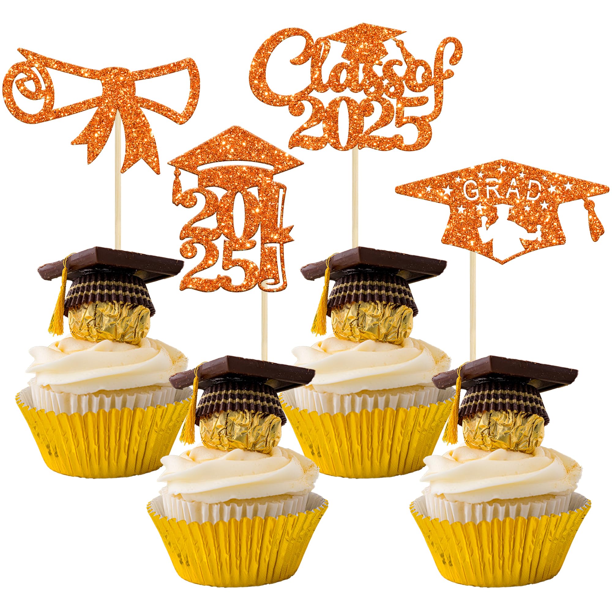 24Pcs 2025 Graduation Cupcake Toppers - Orange Glitter Congrats Class of 2025 Diploma Grad Cap Decorations | Perfect for Graduation Party, School Celebration & Dessert Table Decor