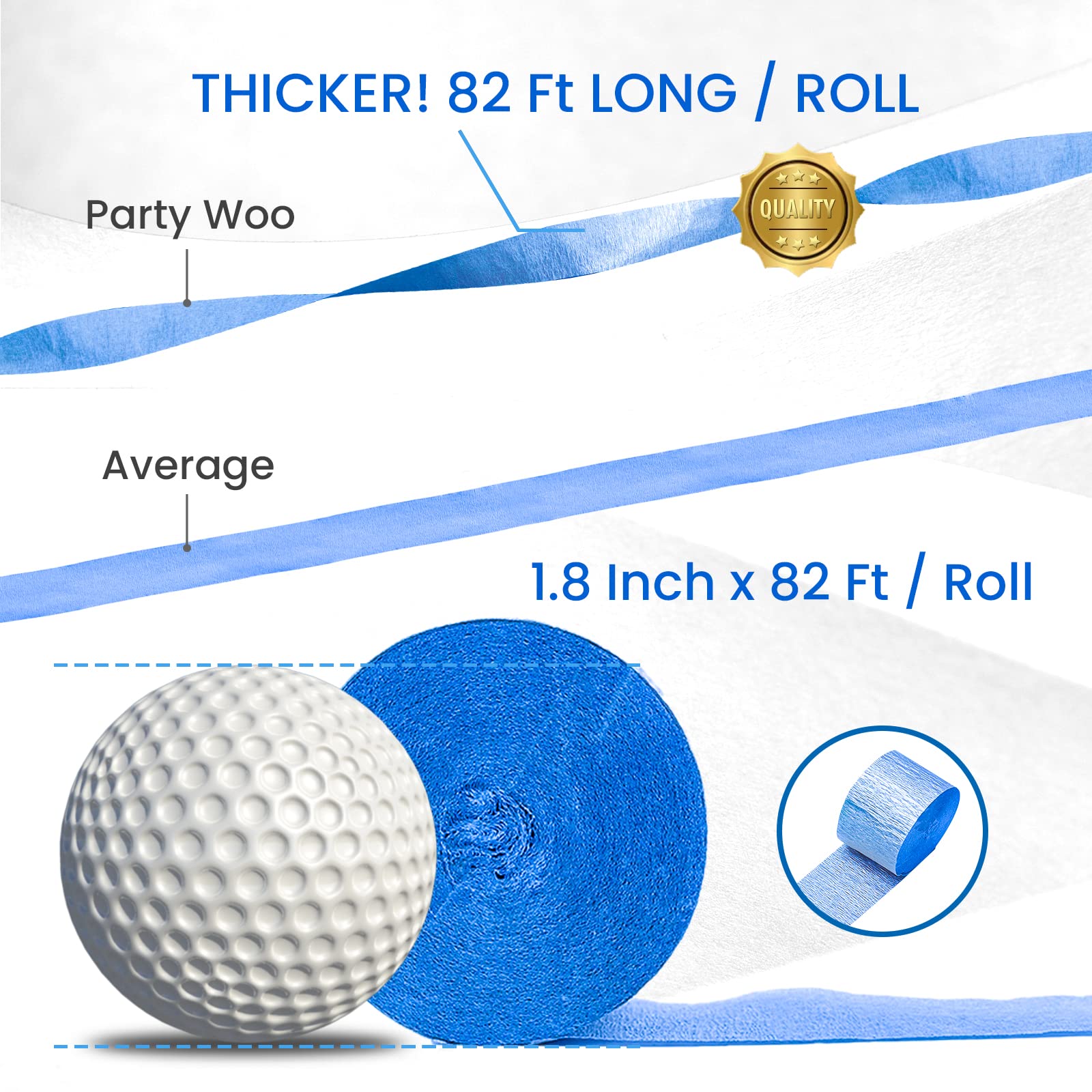 PartyWoo Crepe Paper Streamers 6 Rolls 492ft - White, Silver, Royal Blue, Light Blue - Perfect for Birthday Party Decorations, Wedding Backdrops, Baby Showers & DIY Craft Projects (1.8 Inch x 82 Ft/Roll)