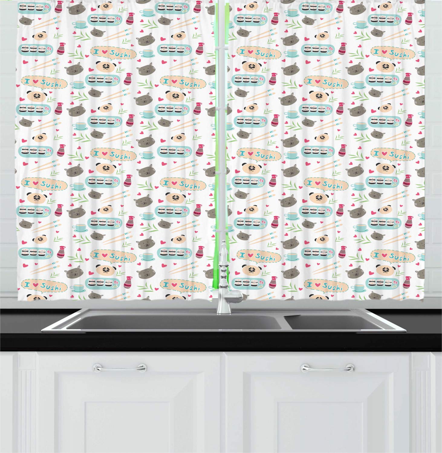 Ambesonne Japanese Cat & Sushi Kitchen Curtains - Panda Doodle Design, 2 Panel Window Drapes for Kitchen & Cafe Decor, 55