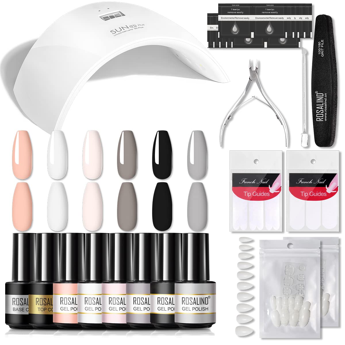 ROSALIND 6 Colors Semi-Permanent Nail Polish Kit - White, Black, Gray UV Gel Polish with Base Coat & Top Coat for Salon & Home Manicure | Perfect for Nail Art, French Tips & DIY Nail Designs