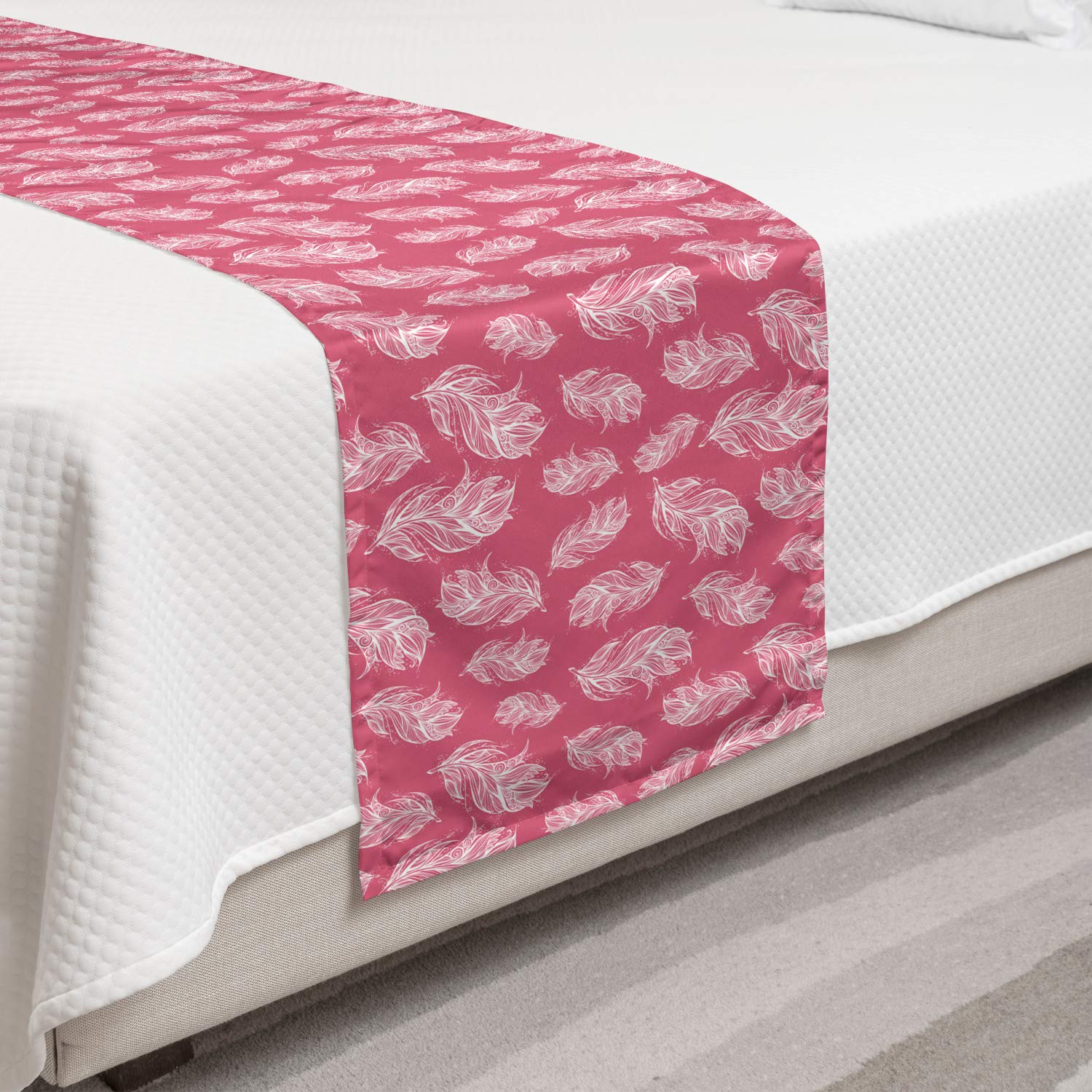 Ambesonne Bohemian Bed Runner Set with Abstract Feather Design - Twin Size Pastel Pink & White - Decorative Bedding Scarf & Pillow Sham for Home, Hotel, Wedding Decor - Perfect for Boho Chic Bedroom, Guest Room & Airbnb Styling