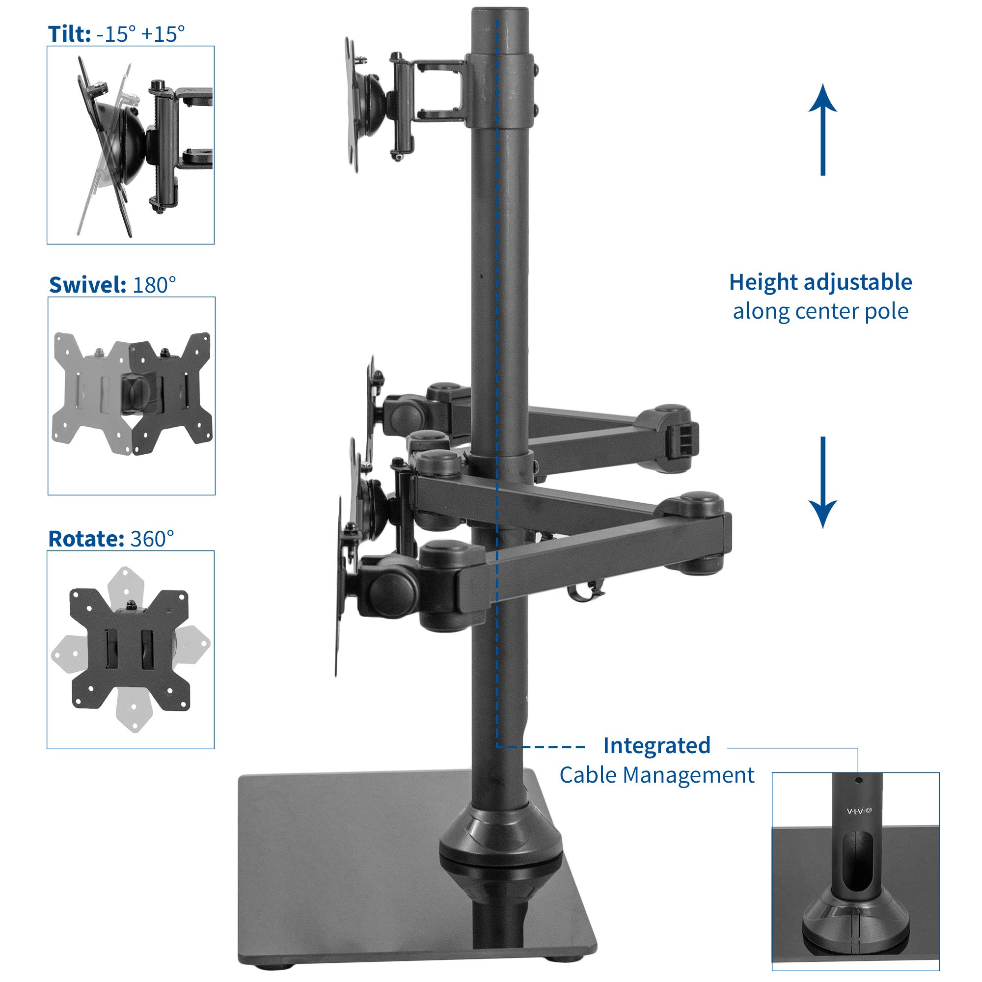 VIVO Black Steel Quad Monitor Stand for 4 Screens up to 24 inches - Heavy Duty Adjustable Free Standing LCD/LED Computer Display Mount STAND-V004TG - Perfect for Home Office, Gaming Setup & Multi-Tasking Workspace