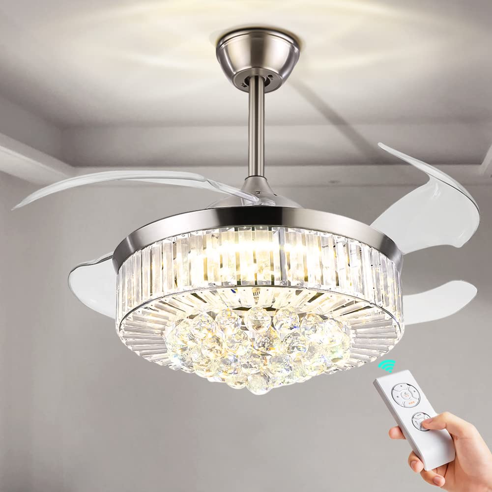 42 Inch Crystal Ceiling Fan with LED Light - Remote Control, Retractable Blades, 3 Speed Settings - Modern Silver Chandelier Fan for Living Room, Bedroom & Dining Room Decoration