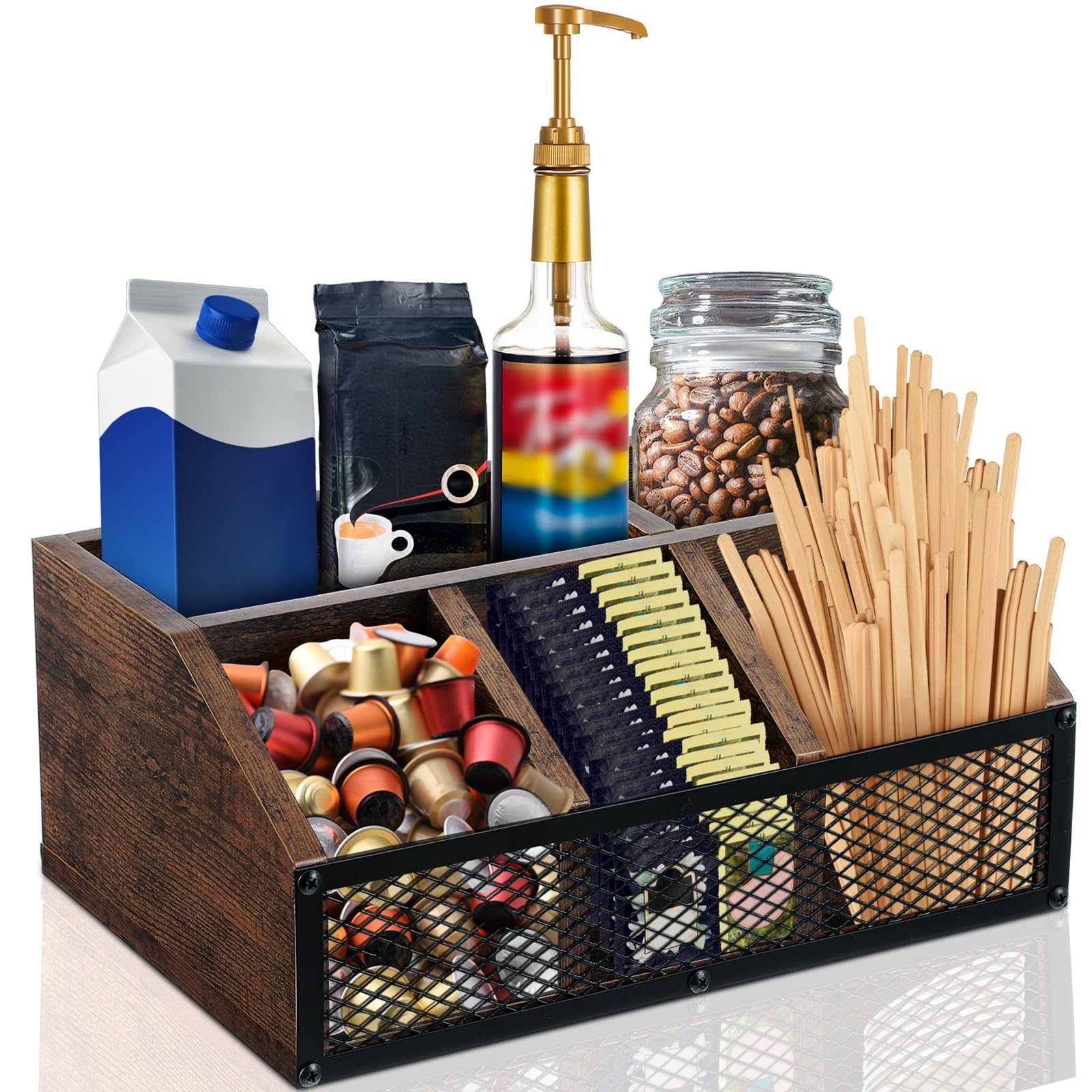 Rustic Wooden Coffee Station Organizer with Iron Mesh - Countertop Coffee & Tea Condiment Storage Basket for Pods, Sugar, Creamer - Perfect for Coffee Bar, Kitchen Decor & Small Space Organization