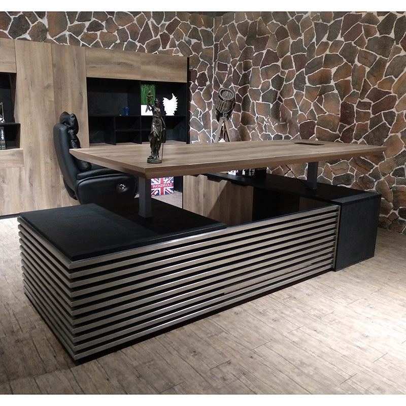 PHOENIX 2.0 Electric Height Adjustable Standing Desk with Left Return - 2.8m Warm Oak & Black Finish | Perfect for Home Office & Workspace Ergonomics