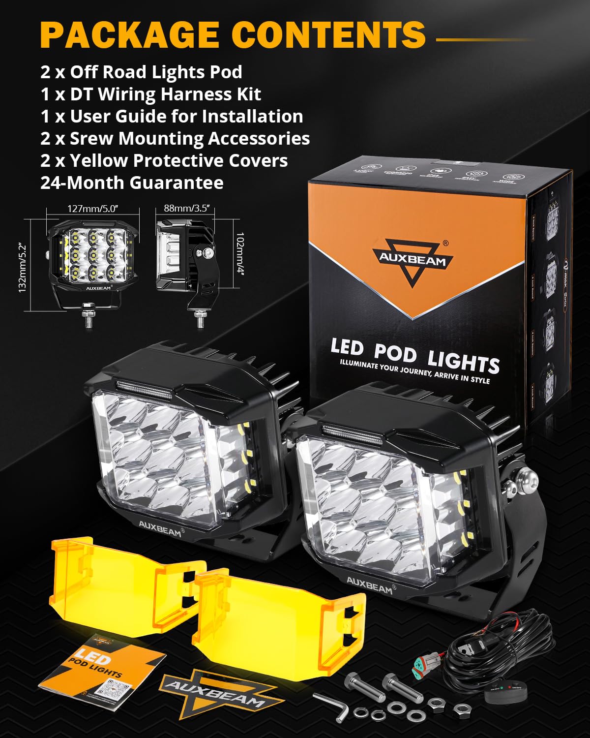 Auxbeam 5 Inch 168W LED Pod Lights - Super Bright Spot Flood Combo Offroad Driving Lights with Side Shooter & Amber DRL | V-MAX Series with Yellow Cover for Trucks, Jeeps, SUVs, ATVs | Perfect for Off-Roading, Night Driving & Work Lighting