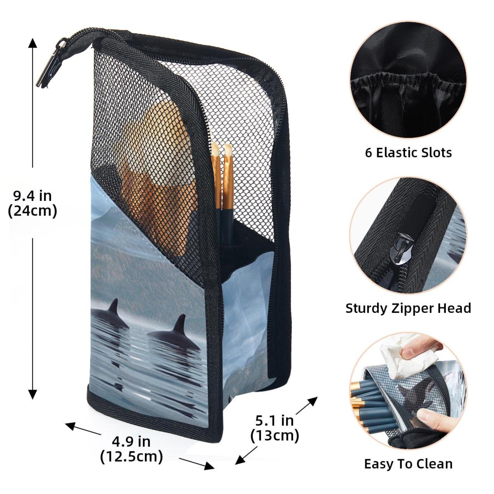 Premium Makeup Brush Organizer Bag with 12 Slots - Ocean & Mountain Whale Design - Portable Cosmetic Brush Holder Case for Travel, Home & Professional Makeup Artists
