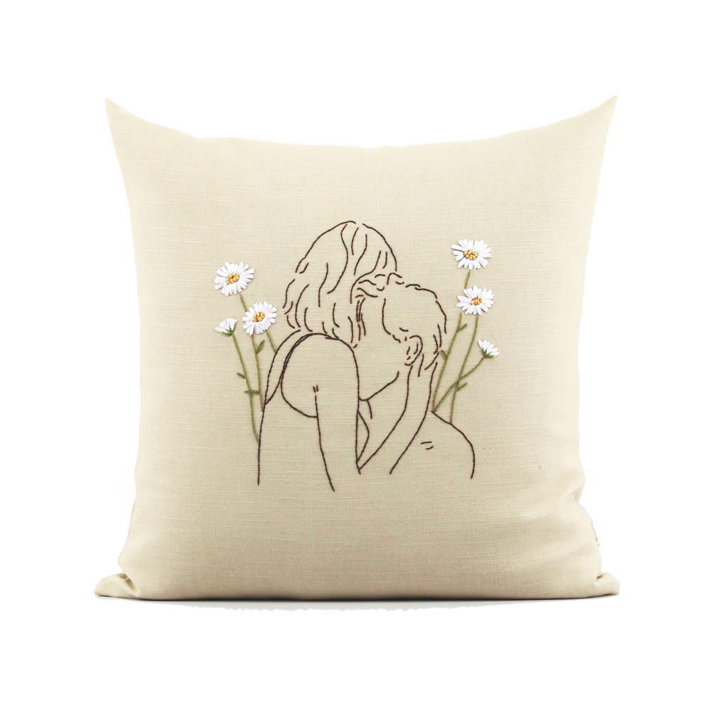 Elegant Daisy Ribbon Embroidery Throw Pillow Covers 18x18 inches (45x45cm) - Romantic Home Decor for Sofa, Couch & Bed | Perfect Wedding Gift, Housewarming Present & Birthday Gift for Spring Season | Adds Charm to Living Rooms, Bedrooms & Guest Spaces