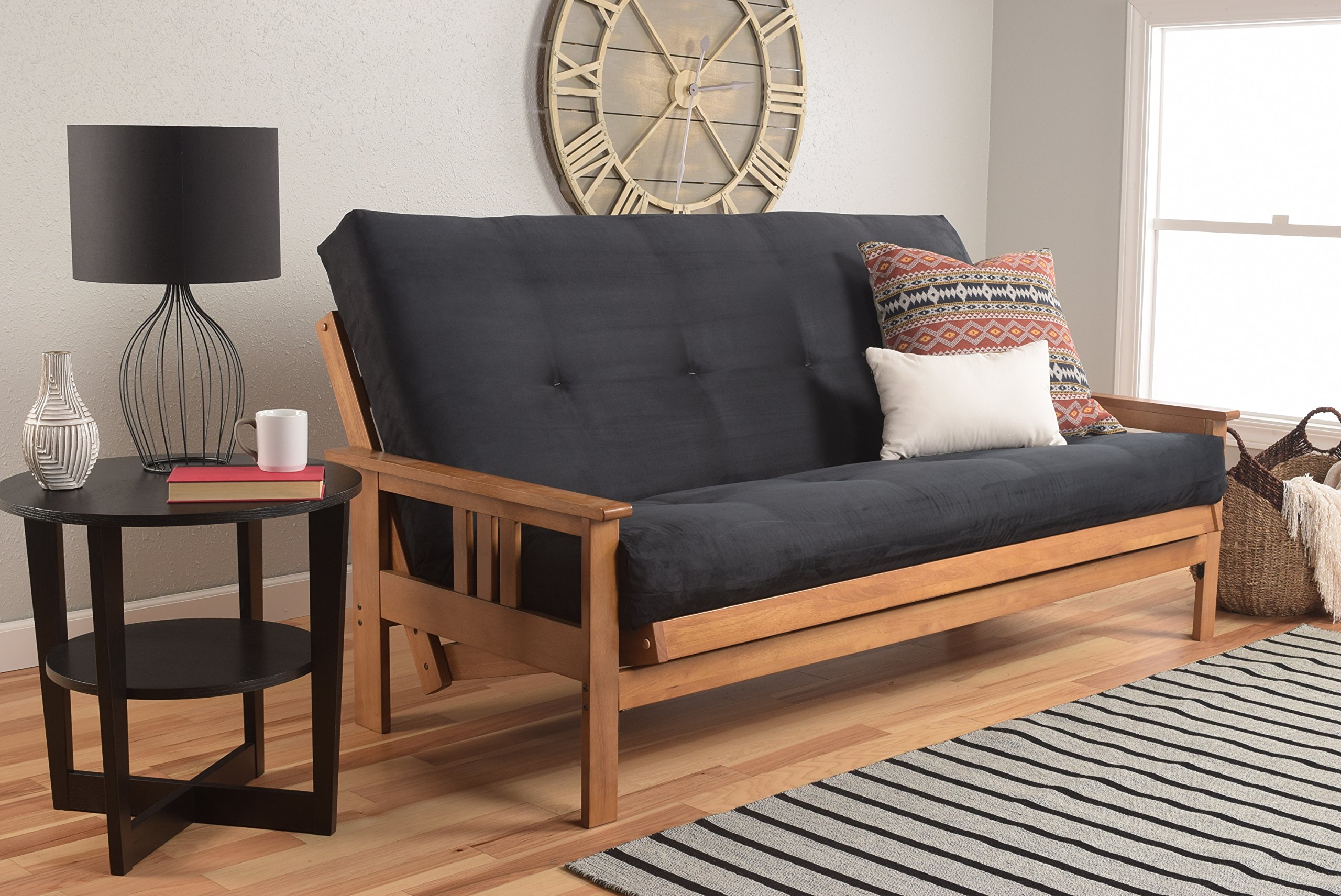 Kodiak Furniture Monterey Futon Set with Storage Drawers - Butternut Wood Base & Black Suede Mattress | Space-Saving Sleeper Sofa for Small Apartments, Guest Rooms & Dorm Living