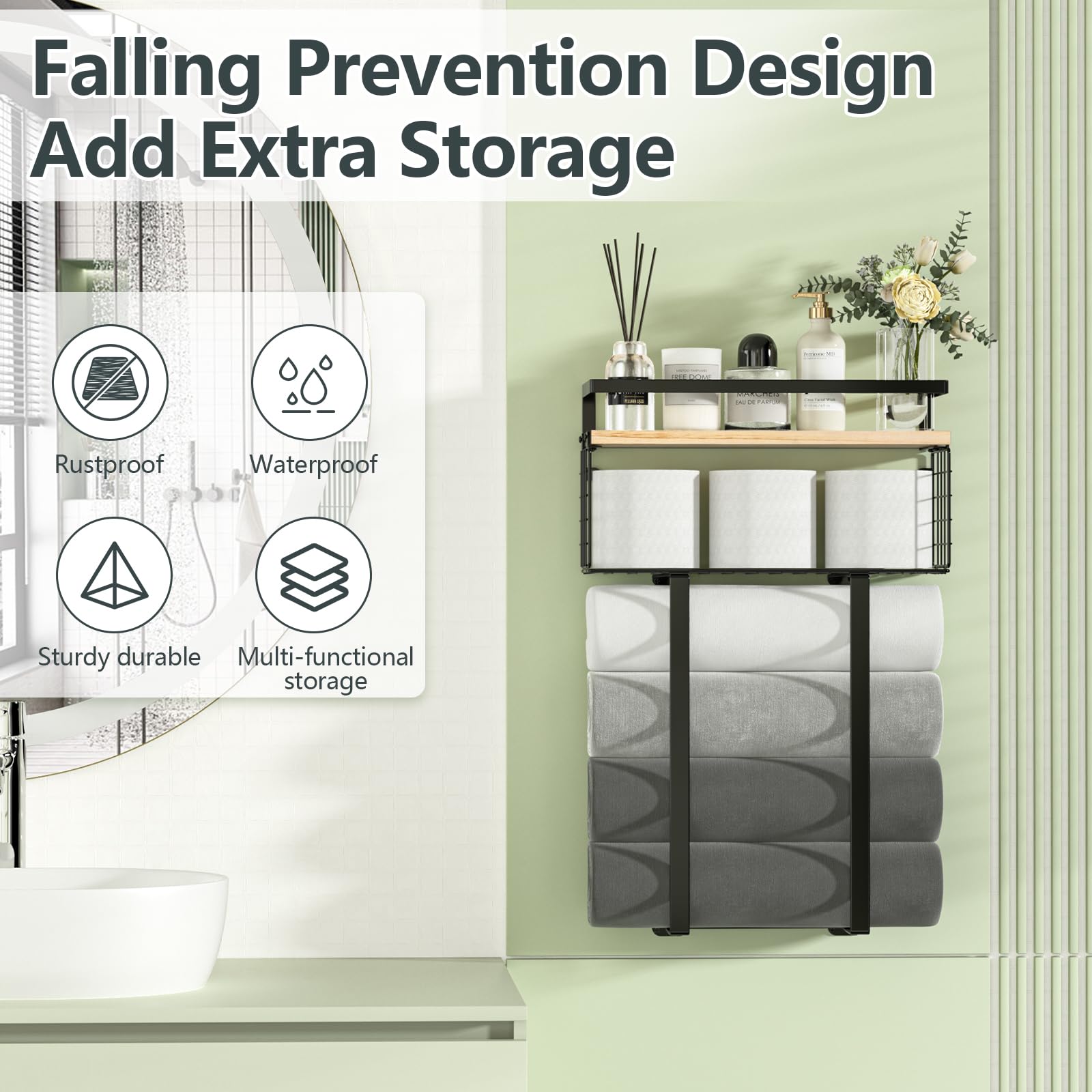 Sturdy Metal Towel Rack with Storage Basket - Wall Mounted Bathroom Organizer for Rolled Towels & Small Spaces | Perfect for Compact Bathrooms, Laundry Rooms & Spa Areas