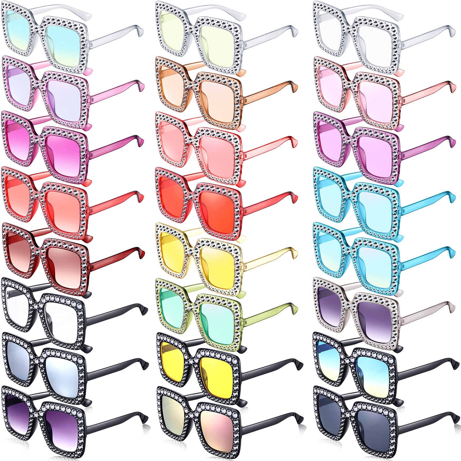 24 Pcs Women's Disco Sunglasses 70s Style - Rhinestone Crystal Square Sunglasses Bulk Pack with Thick Frame for Party, Festival, Halloween & Costume Accessories