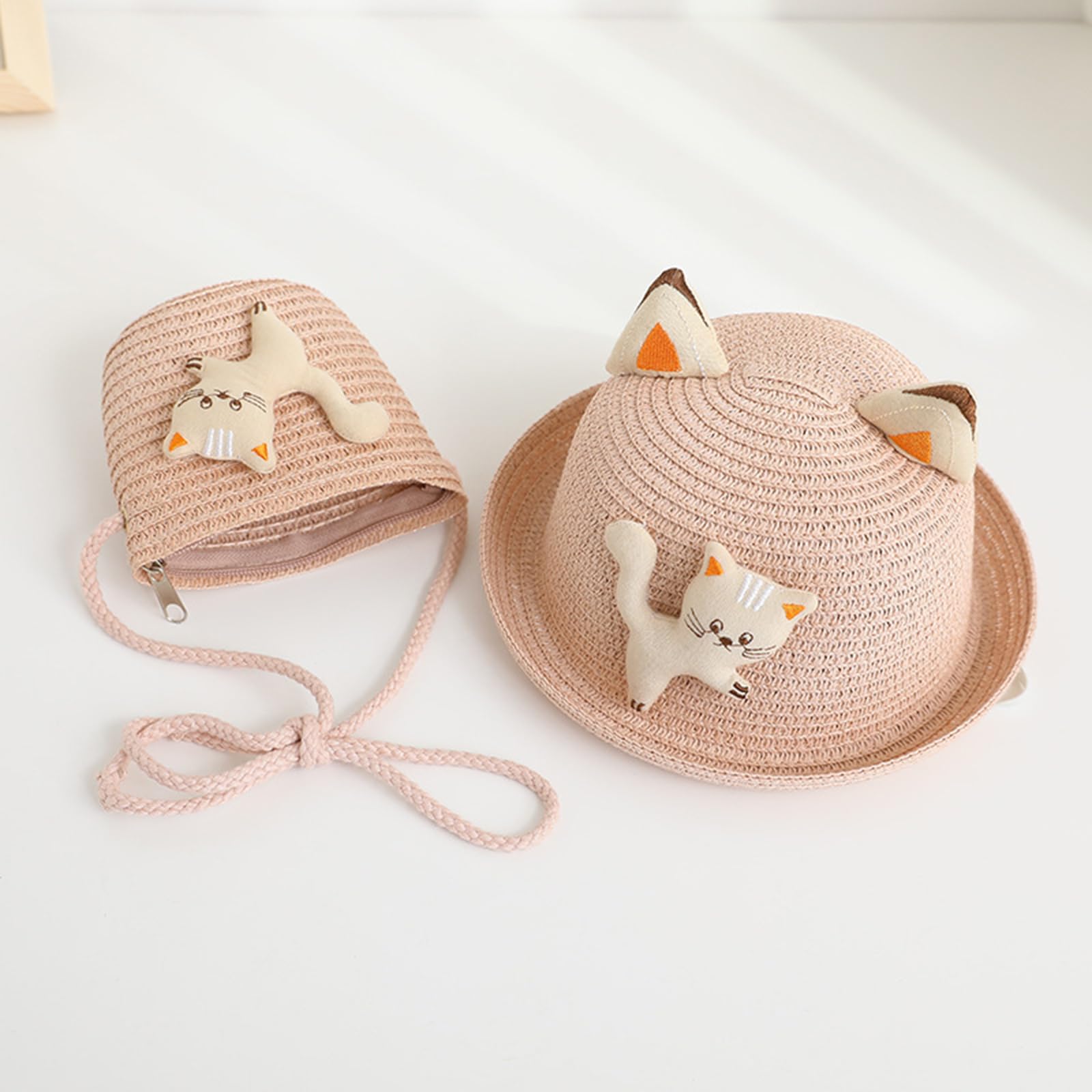Sanqidu Toddler Girls Summer Straw Hat and Mini Purse Set - Baby Sun Protection Beach Hat with Adjustable Chin Strap - Perfect for Outdoor Play, Beach Vacations & Photoshoots