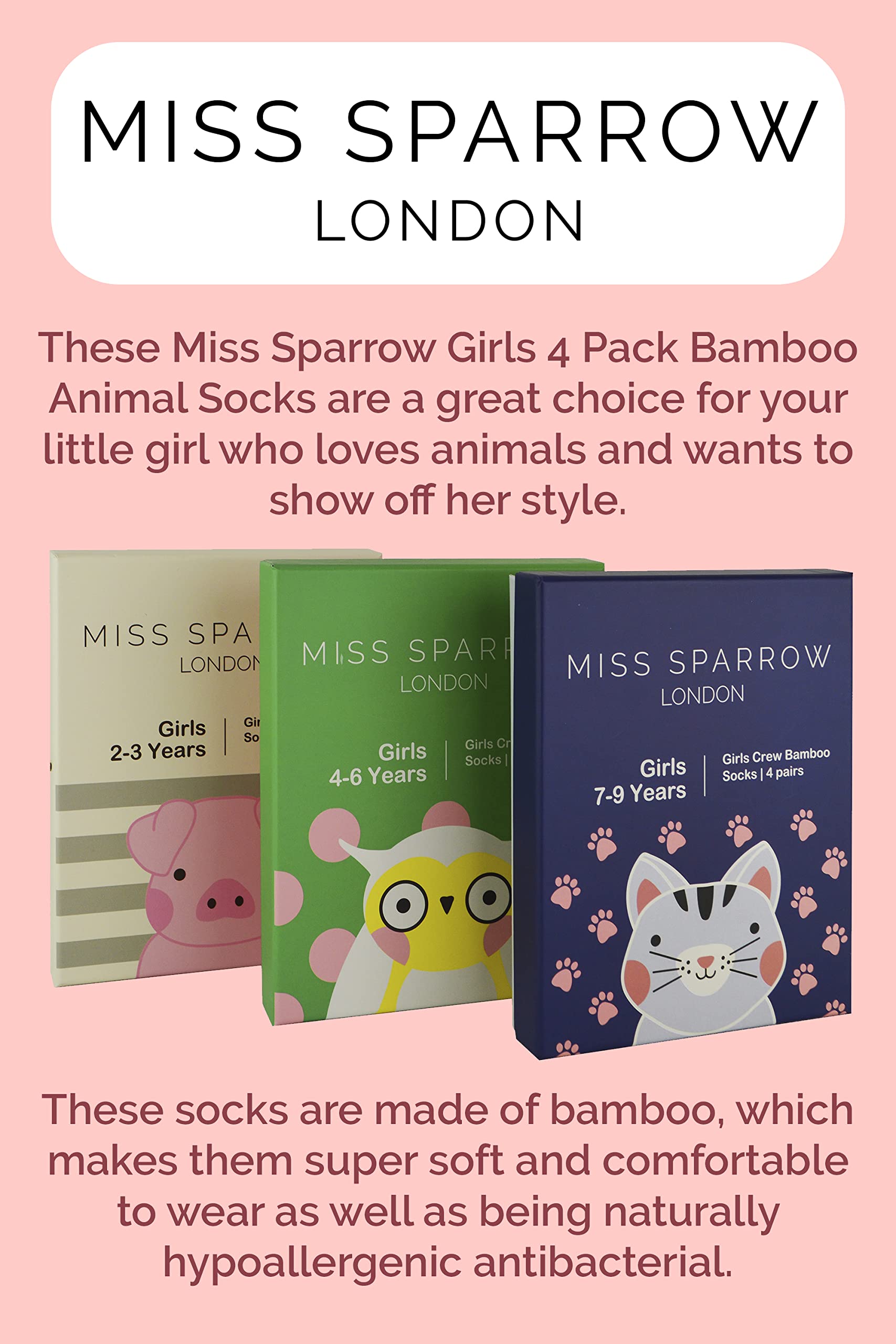 Miss Sparrow - 4 Pack Girls Bamboo Socks | Soft Kids Animal Print Socks in Gift Box | Perfect for School, Play & Holiday Gifts