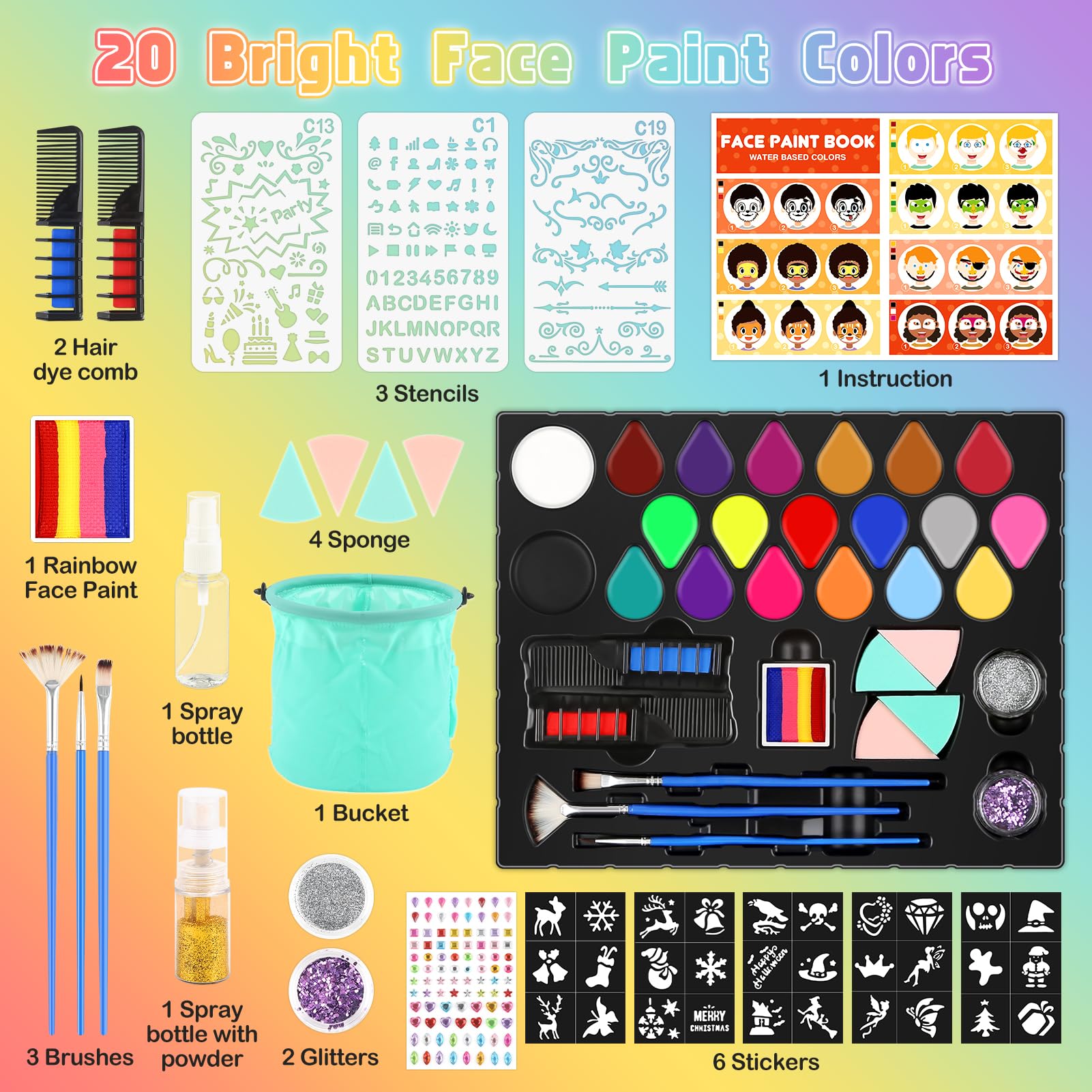 Dreamon Kids Face Paint Kit - 15 Vibrant Colors, 6 Stickers, 3 Stencils & Foldable Makeup Cube | Safe Non-Toxic Halloween, Carnival, Christmas Makeup for Girls | Perfect for Birthday Parties, School Events & Costume Dress-Up