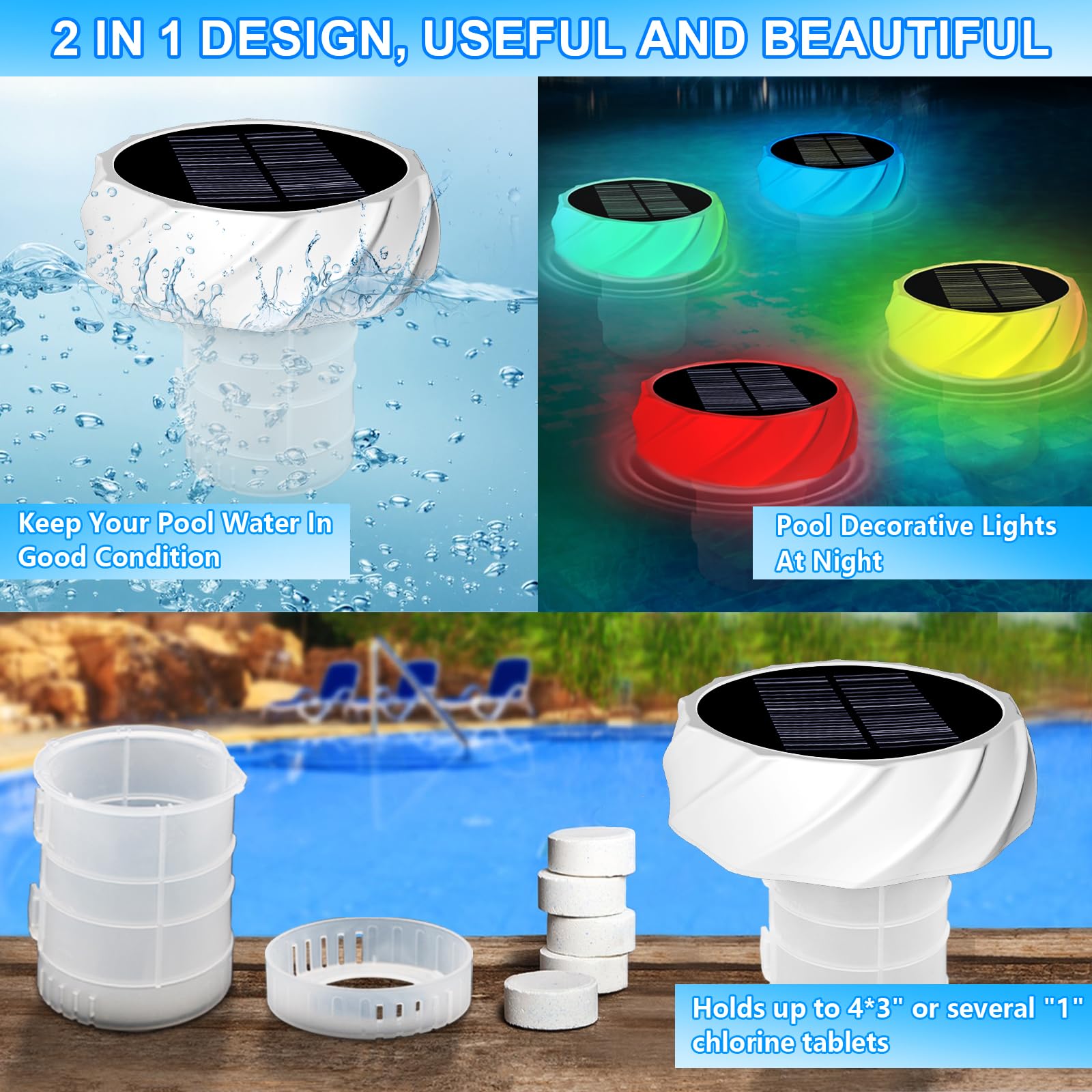 Solar-Powered Pool Chlorine Floater with Adjustable Vent - Floating Chlorine Dispenser for 3