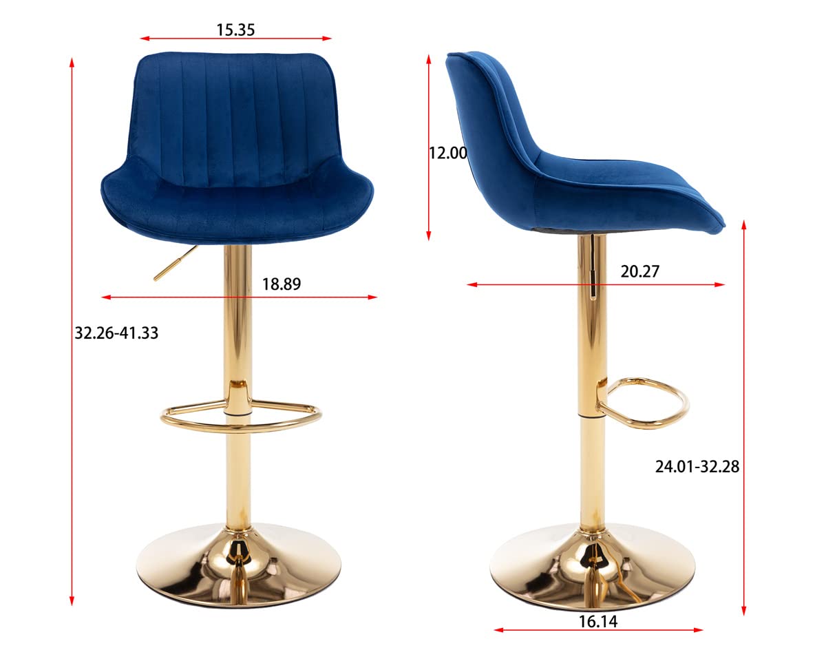 TRIPLE TREE Velvet Bar Stools Set of 2 - Adjustable Counter Height Bar Chairs with Backrest & Footrest, Gold Metal Base Swivel Stools for Kitchen Island, Dining Room & Home Bar - Navy Blue Velvet Upholstery | Perfect for Entertaining, Breakfast Nooks & Modern Home Decor