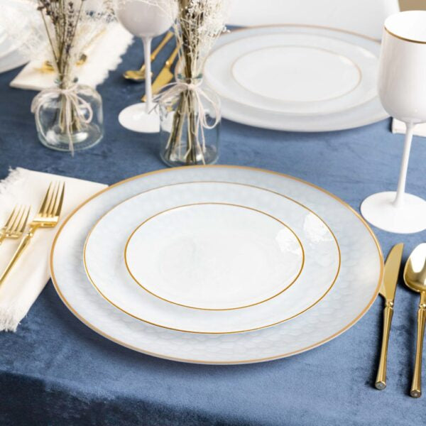 32-Piece Transparent White & Gold Hammered Plastic Dinnerware Set - Round Plates & Bowls (Serves 16) - Elegant & Durable for Parties, Weddings, and Everyday Dining