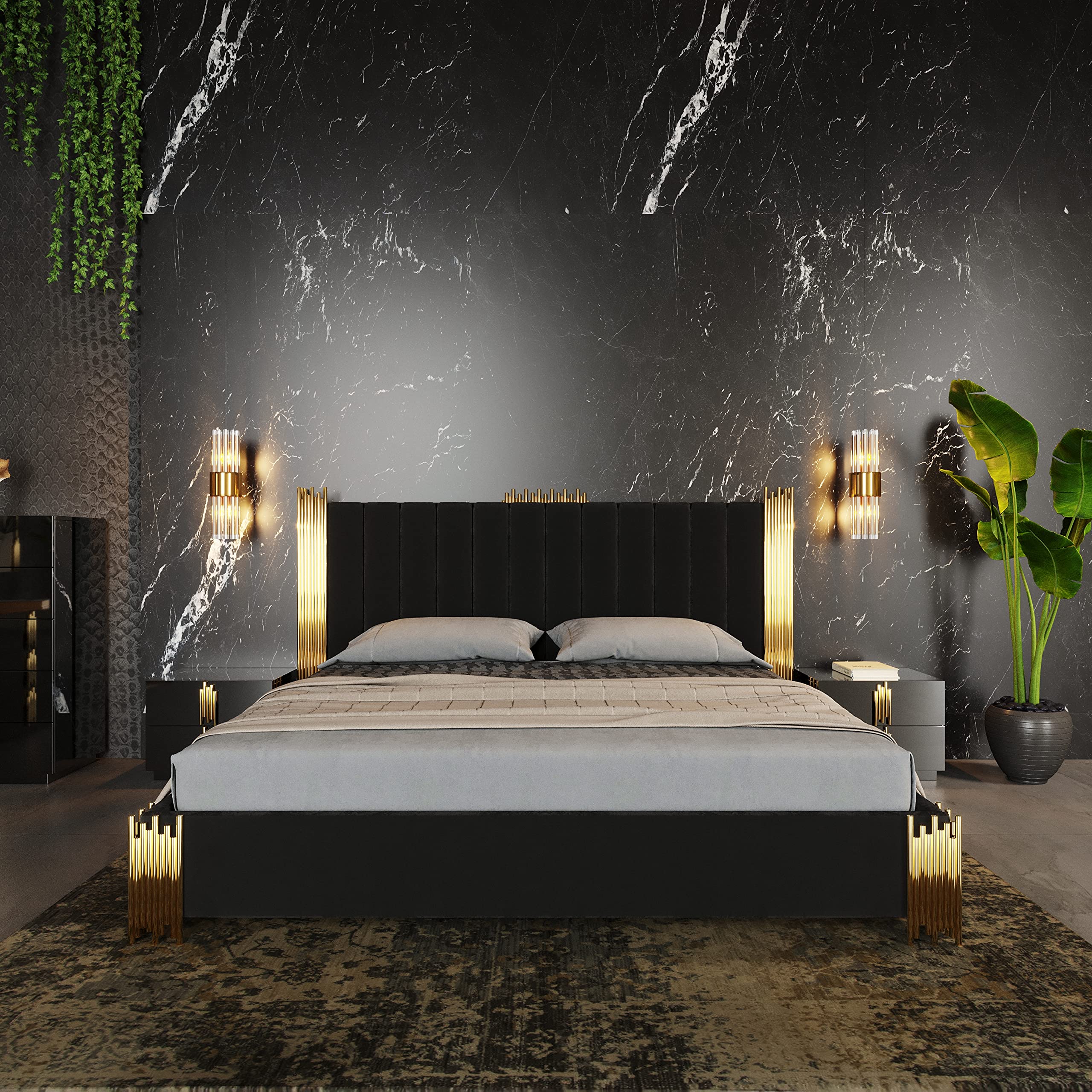 Amiral Collection Modern Velour Upholstered King Bed with Padded Headboard & Stainless Steel Legs - Black & Champagne Gold - Luxurious Bedroom Upgrade for Master Suite or Guest Room