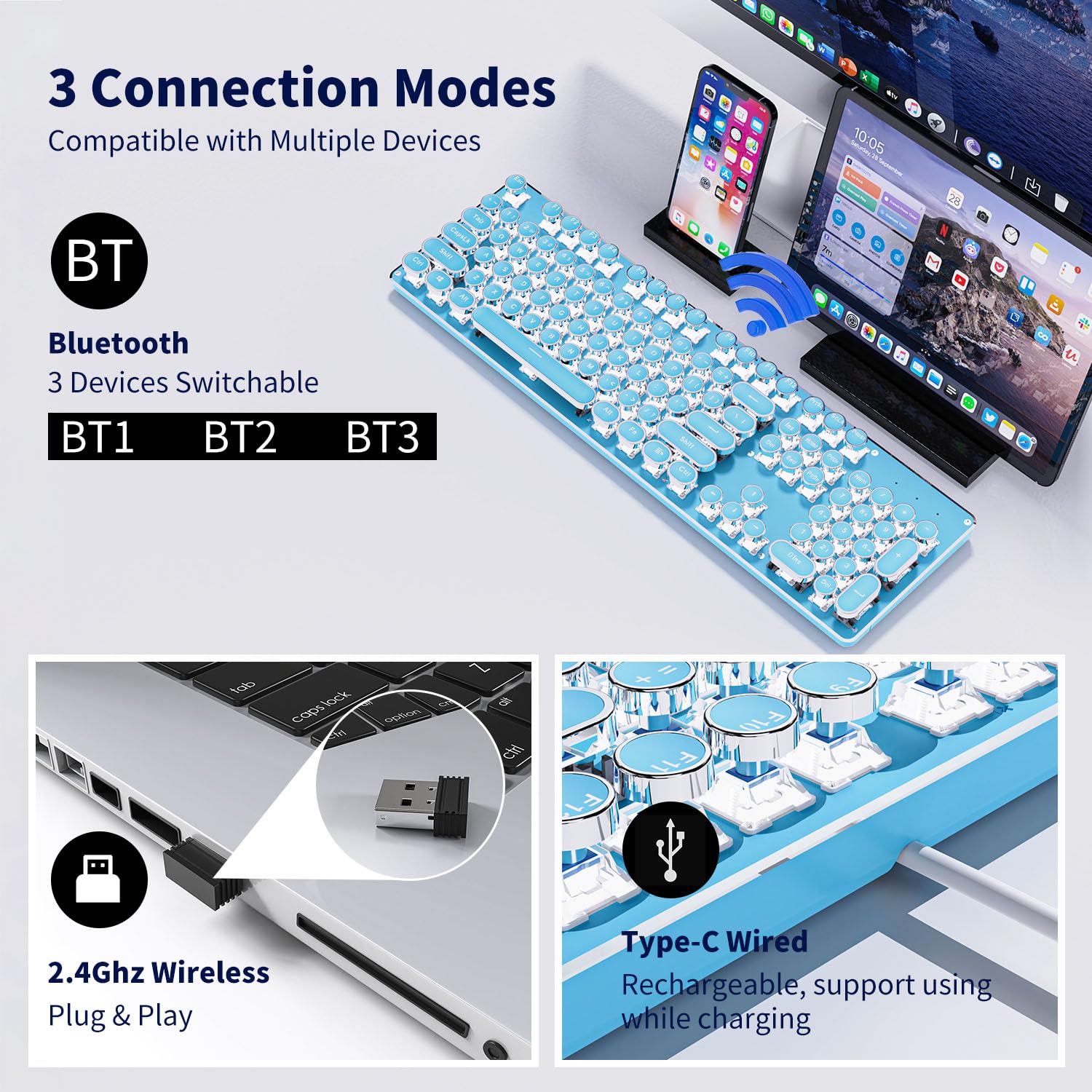 EWEADN TK950 Wireless Mechanical Keyboard - 104 Key Aesthetic Typewriter Style with White Backlight, Anti-Ghosting, Blue Switch (Bluetooth/2.4GHz/USB-C) - Perfect for Typing, Gaming & Office Work - Blue