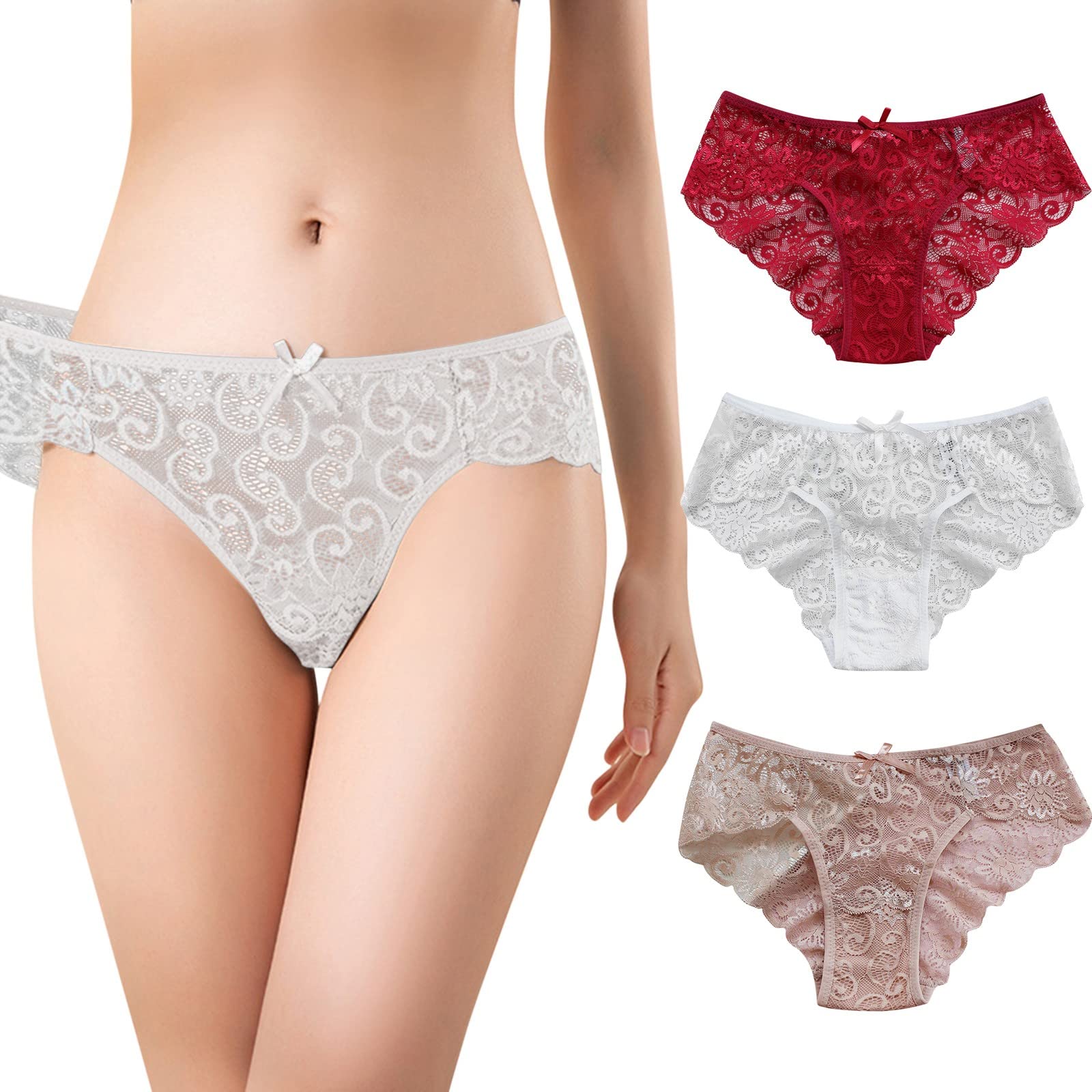 Sexy Lace Ruffle Women's Panties Set - 3-Piece Cotton Underwear with Hollow Waist Design & Bow Detail for Comfort and Style | Perfect for Everyday Wear, Date Night & Lingerie Gifts