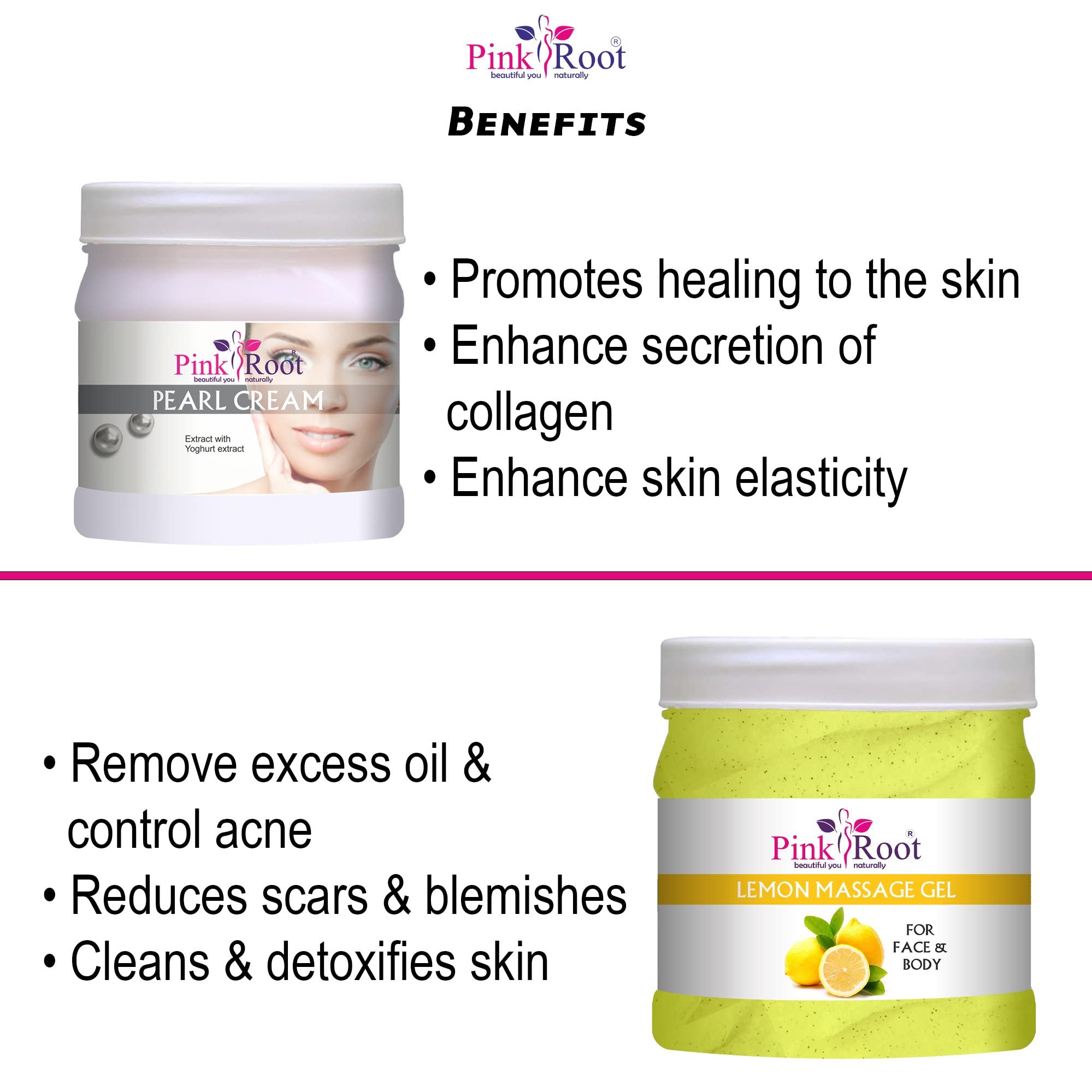 Pink Root Lemon Massage Gel & Pearl Cream Set - 500ml Each for Relaxation & Skin Hydration | Perfect for Spa, Home Massage & Skincare Routine