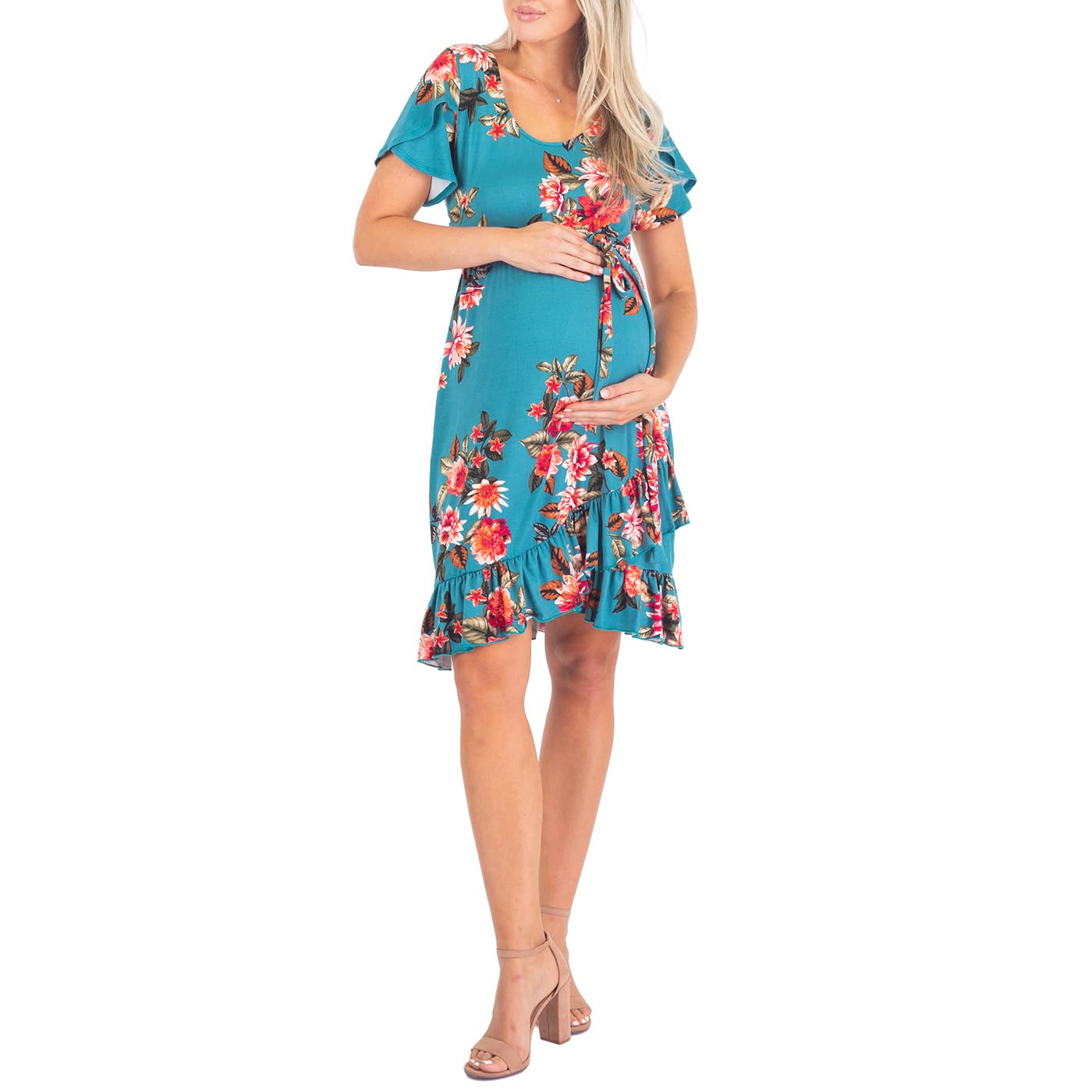 Mother Bee Maternity Wrap Dress - Knee Length Nursing Dress with Adjustable Waist Belt for Pregnancy & Breastfeeding | Perfect for Office, Baby Shower & Maternity Photos