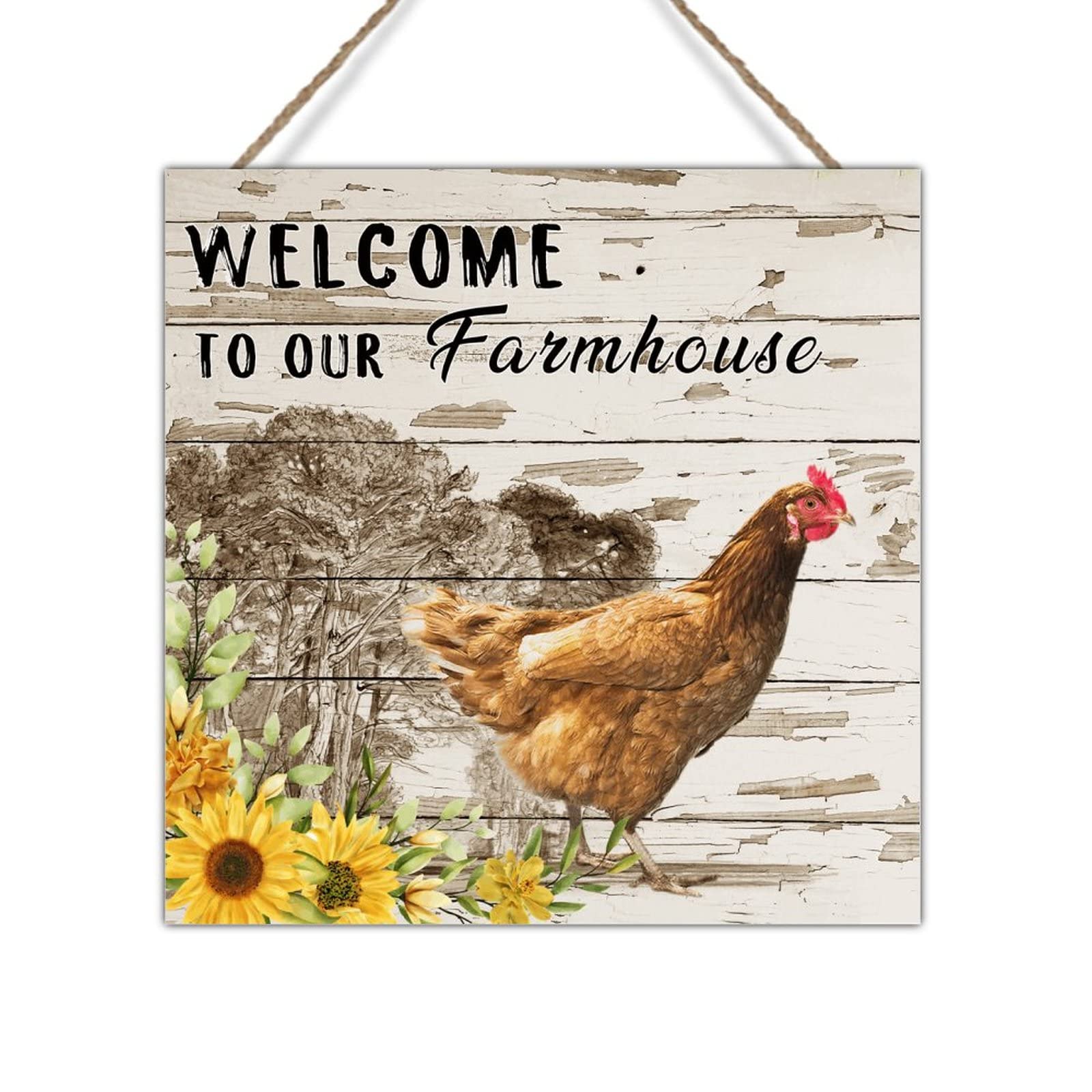 Vintage Rooster Farmhouse Wall Decor - Distressed Wooden Welcome Sign for Chicken Coop, Country Kitchen & Home Office - 12x12 Inch Rustic Wood Plaque with Hanger - Perfect for Farmhouse, Cottage & Country Style Decor
