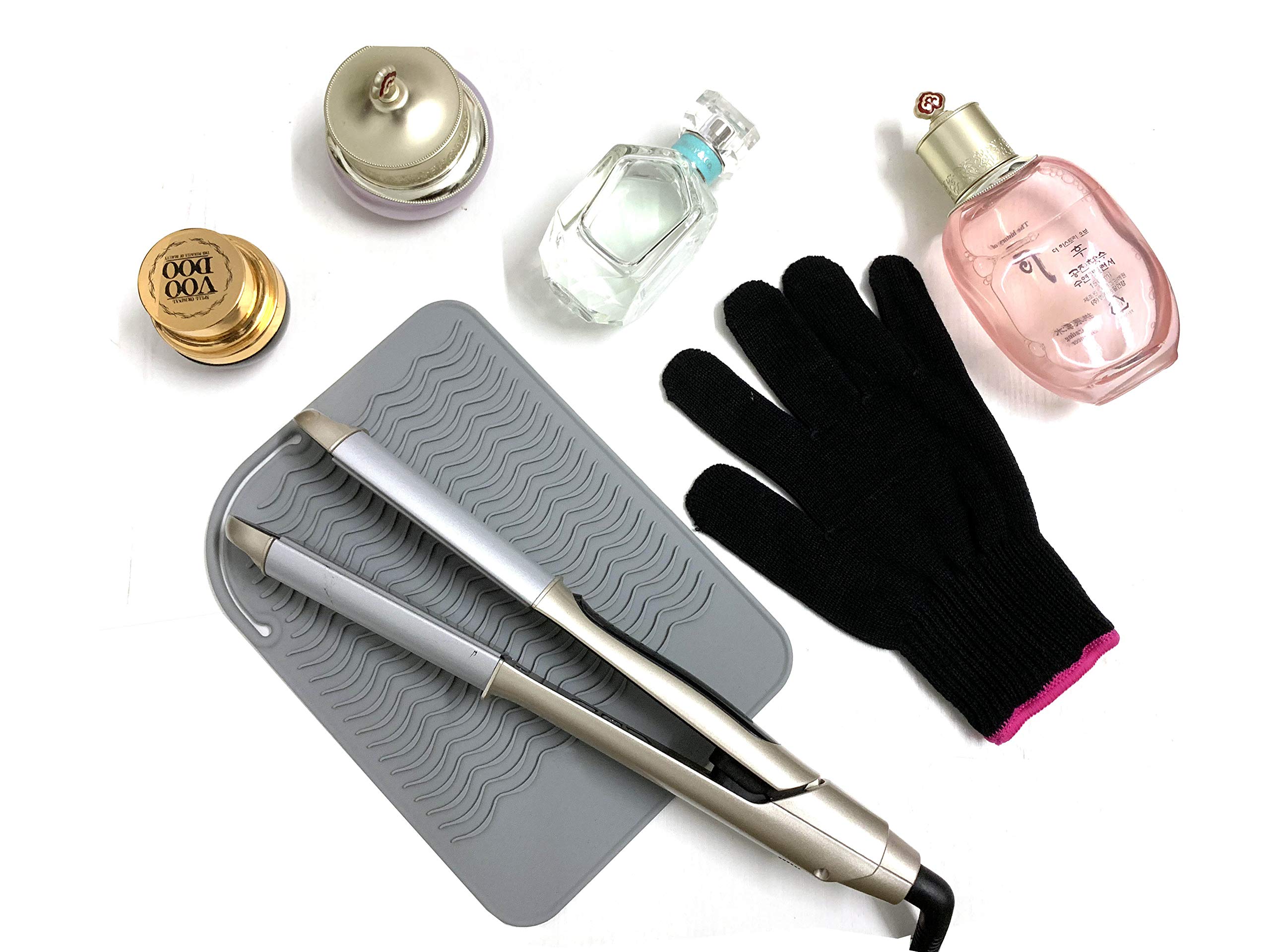 Heat Resistant Travel Mat for Curling Iron & Hair Straightener - 9”x6.5” Gray Counter Protector with Heat Resistant Glove | Perfect for Salon, Home & Travel Styling | Lessmon
