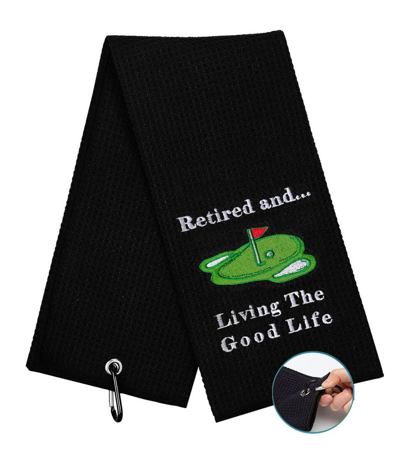 Funny Golf Towel for Men - 'Retired & Living The Good Life' Embroidered Golf Accessory with Clip for Golf Bags | Perfect Golf Gift & Practical Course Companion (Black)