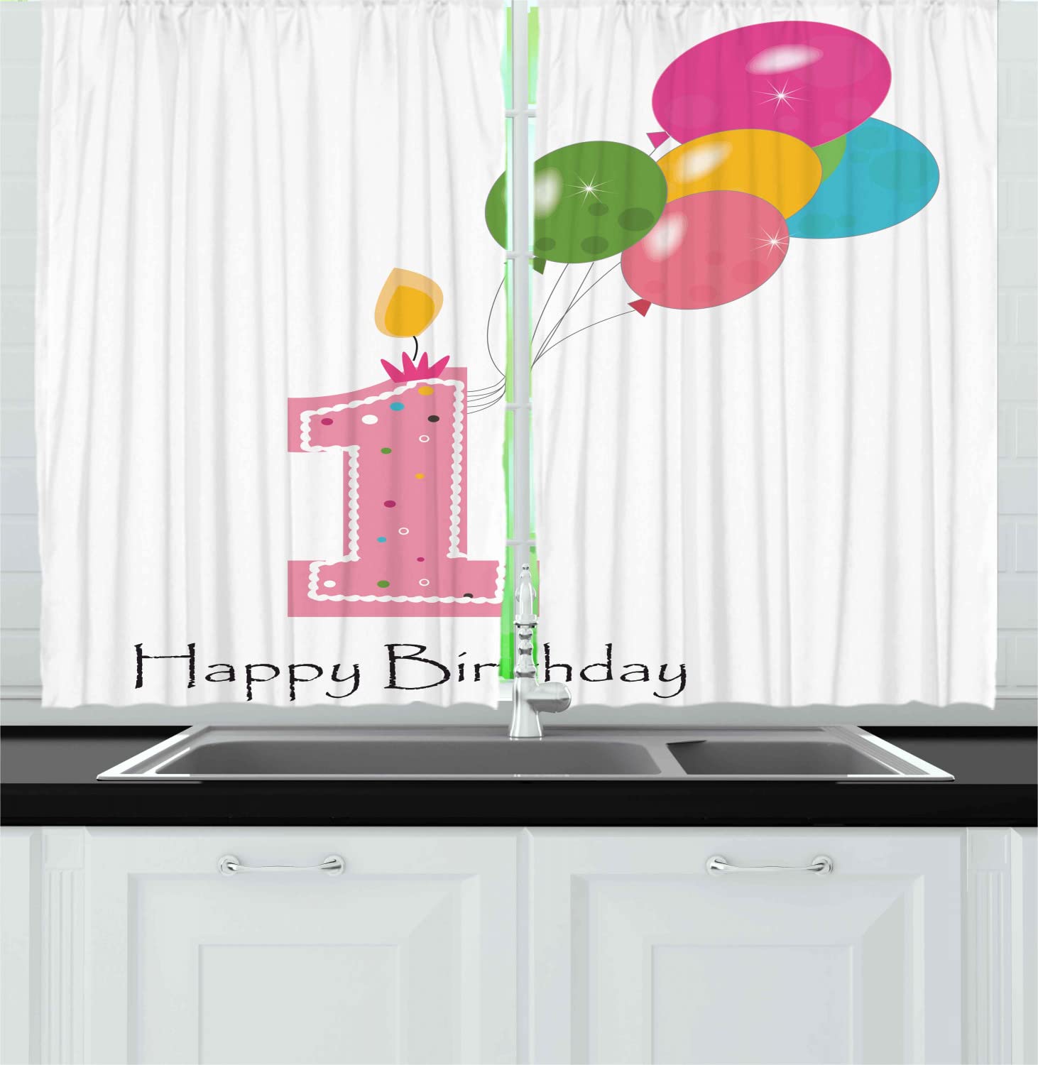 Ambesonne 1st Birthday Kitchen Curtains for Girls - Colorful Balloons & Candlestick Print, 2 Panel Long Drapes with Rod Pocket, 55