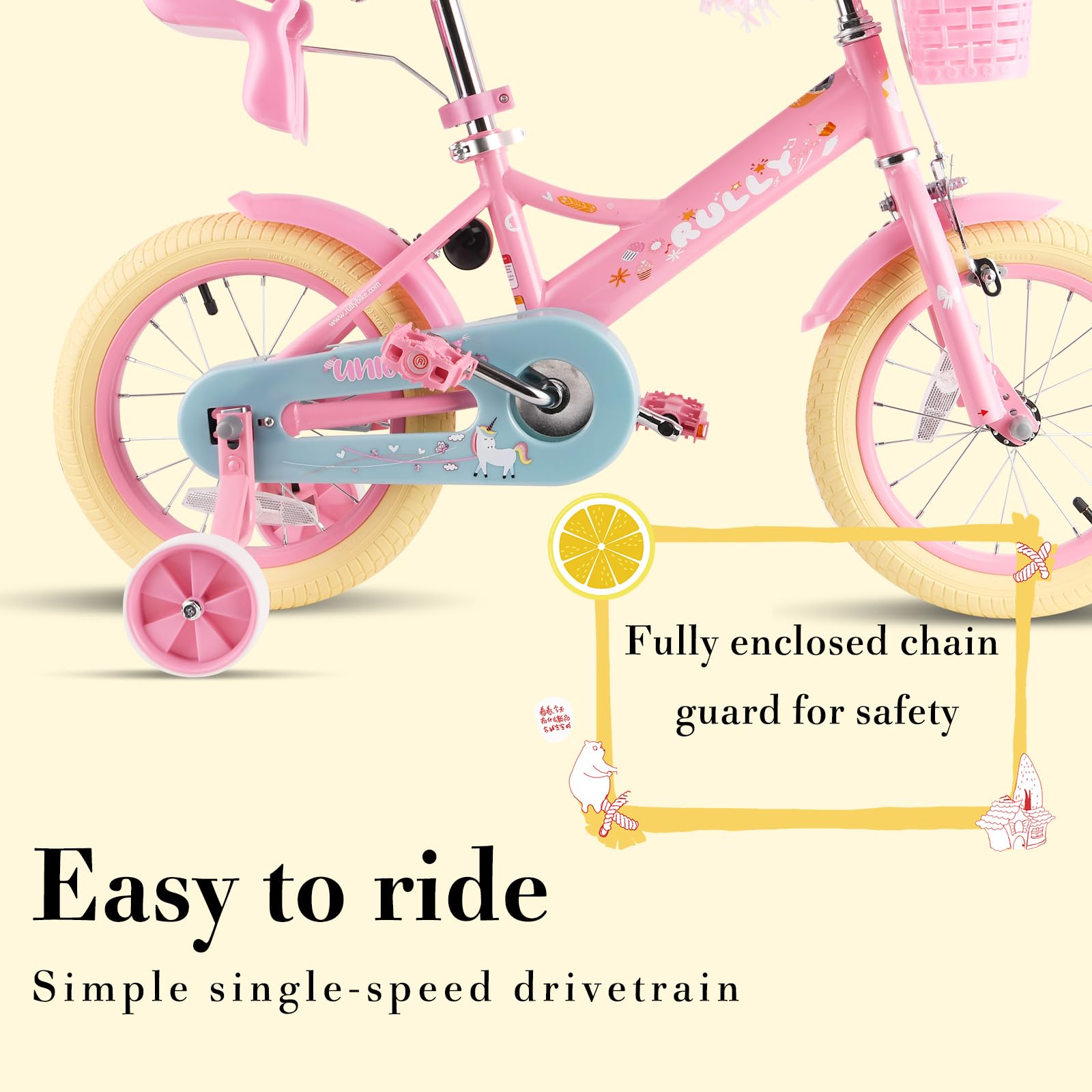 RULLY 12 14 16 Inch Kids Bike for Girls Ages 2-7 Years - Training Wheels, Front Handbrake, Basket & Streamers - Perfect for Outdoor Play, Neighborhood Rides & Learning to Cycle