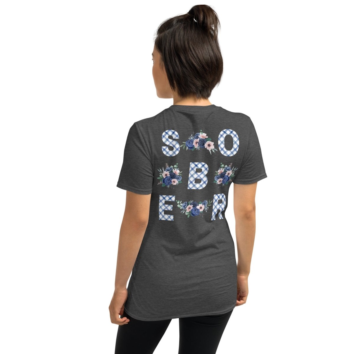 SOBER - Blue Gingham Floral Print Essential T-Shirt with Rose Detail - Casual Summer Outfit for Women