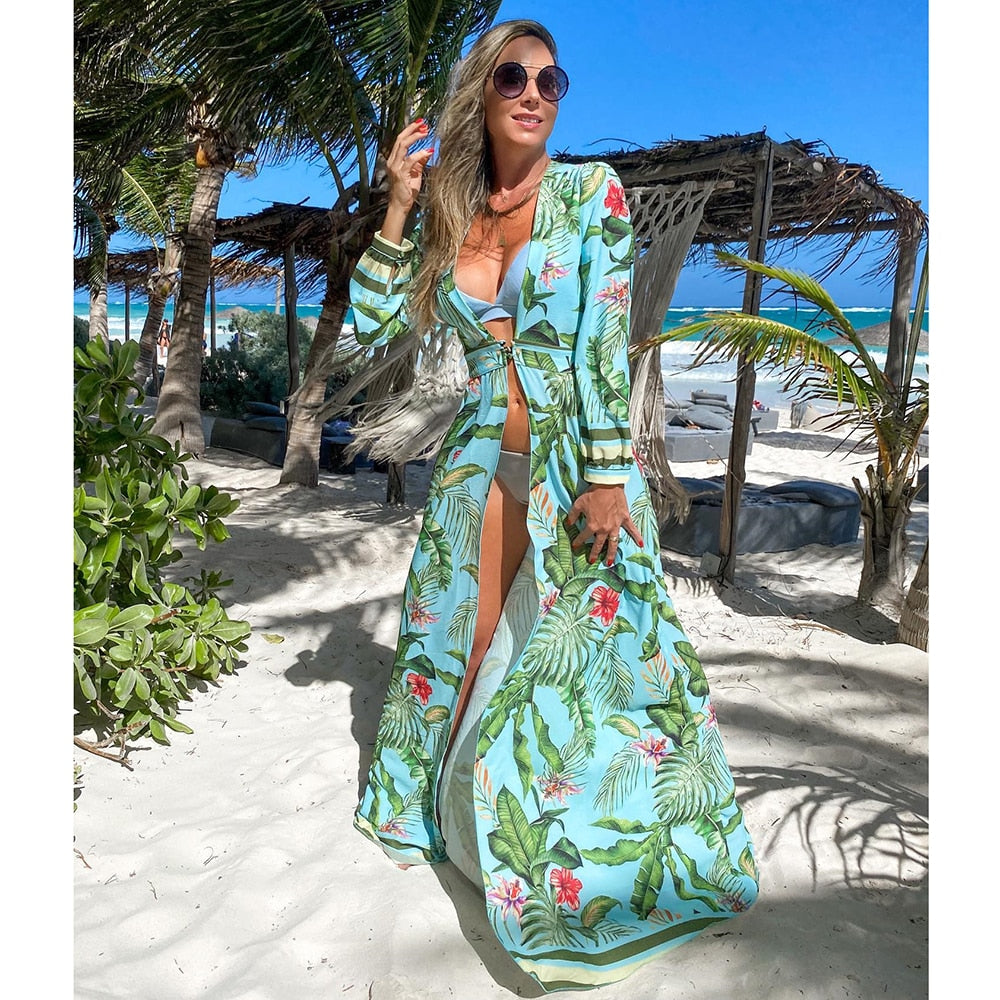 Blue Eyes Bikini Cover Up - Women's Long Beach Kaftan Tunic, Sarong Swimsuit Cover Up & Robe de Plage for Summer Vacation, Pool Party & Beach Getaway