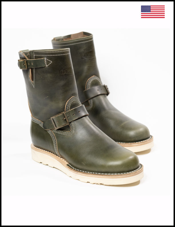 Wesco Boots X The Shop Short Stack Olive Boss Engineer Boot - Premium Leather Work Boots for Men, Durable & Comfortable - Ideal for Construction, Motorcycling & Outdoor Adventures