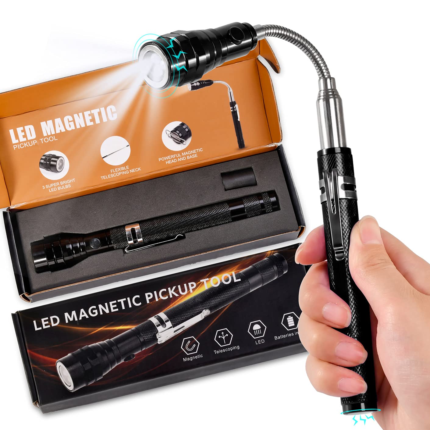 Magnetic LED Flashlight - Telescoping Pickup Tool for Men, Perfect Gift for Dad, Husband, Father's Day, Stocking Stuffer from Wife, Daughter or Son - Great for Camping, Hiking, Garage & Emergency Use