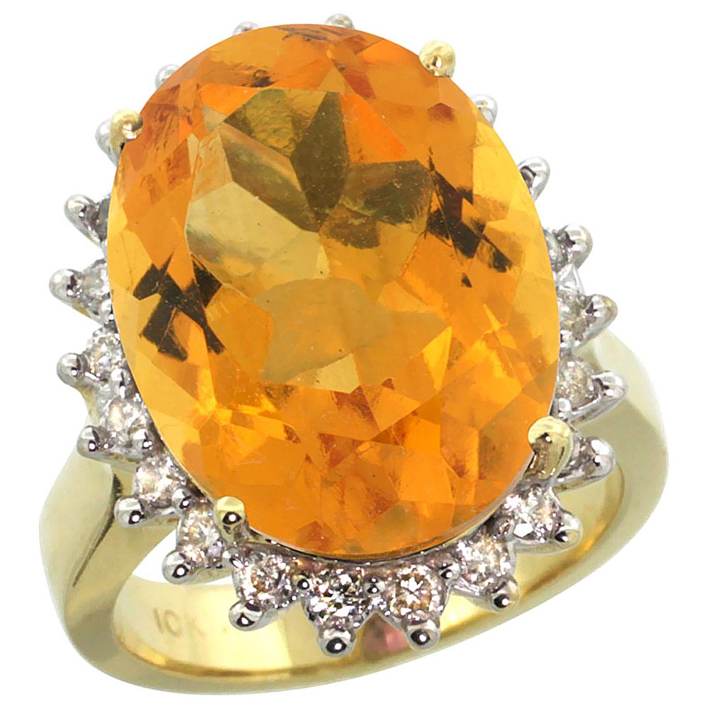 10K Yellow Gold Diamond Halo Natural Citrine Ring - Large Oval 18x13mm Citrine Gemstone, Size 5-10 - Elegant Birthstone Jewelry for Women, Perfect Gift for Anniversary, Birthday & Special Occasions