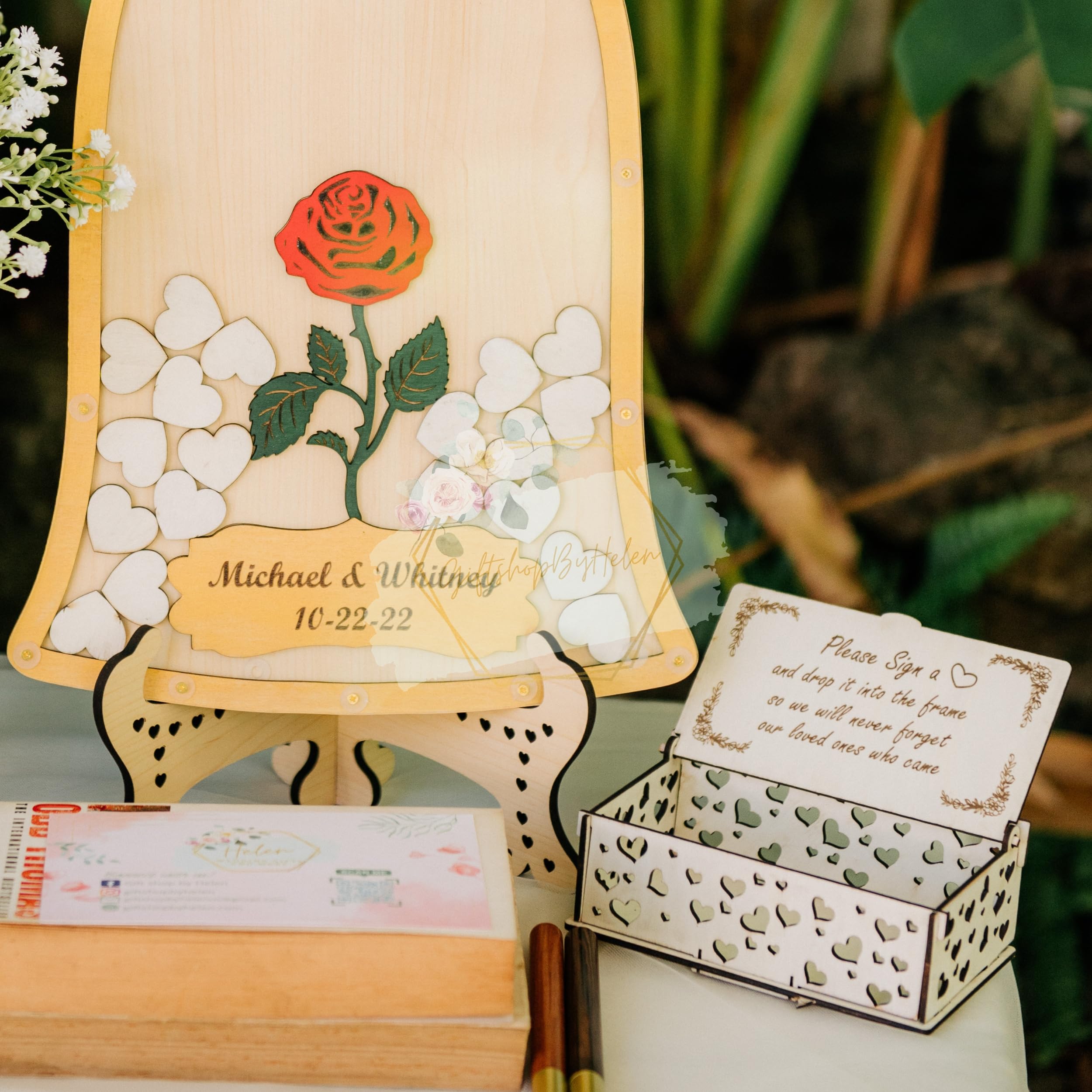 Rustic Wooden Wedding Guest Book Alternative Frame - Personalized Heart Guest Book Drop Box for Weddings, Quinceaneras & Special Events - Romantic Rose Gift for Daughter, Bridal Shower, Anniversary