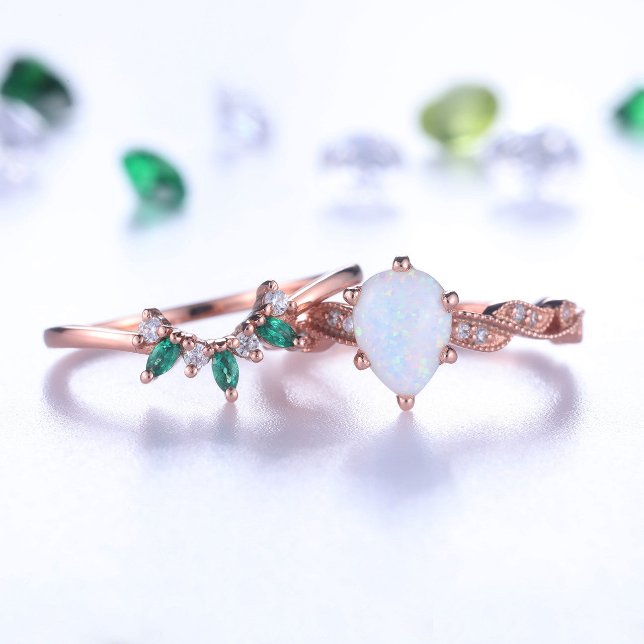 Opal Ring Set for Women - Pear Cut Opal Engagement Ring with Emerald Diamond Matching Band in Rose Gold | Wedding, Anniversary & Special Occasion Jewelry Gift