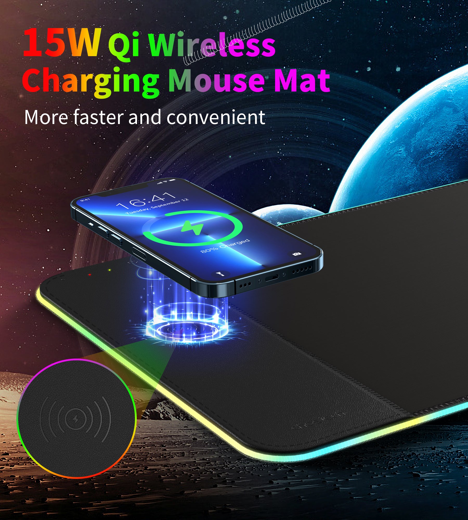 Choetech 15W Wireless Charging Mouse Pad with RGB Lighting - Fast Qi Charging for iPhone, Samsung, AirPods - Perfect for Gaming & Office Workspace