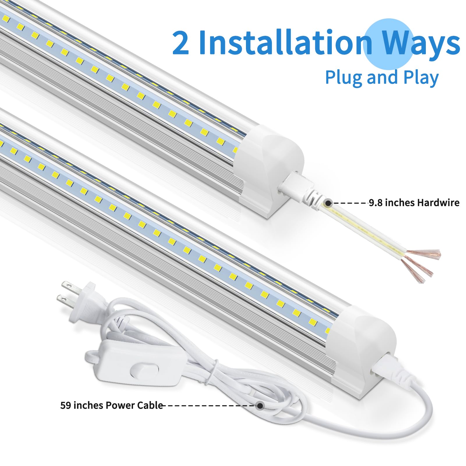 4-Pack Linkable 6FT LED Shop Lights for Garage - 60W T8 Integrated Tube Fixture, 8000LM Daylight White (6000K), V-Shape Clear Lens, Plug & Play - Perfect for Basements, Workshops, and Office Lighting
